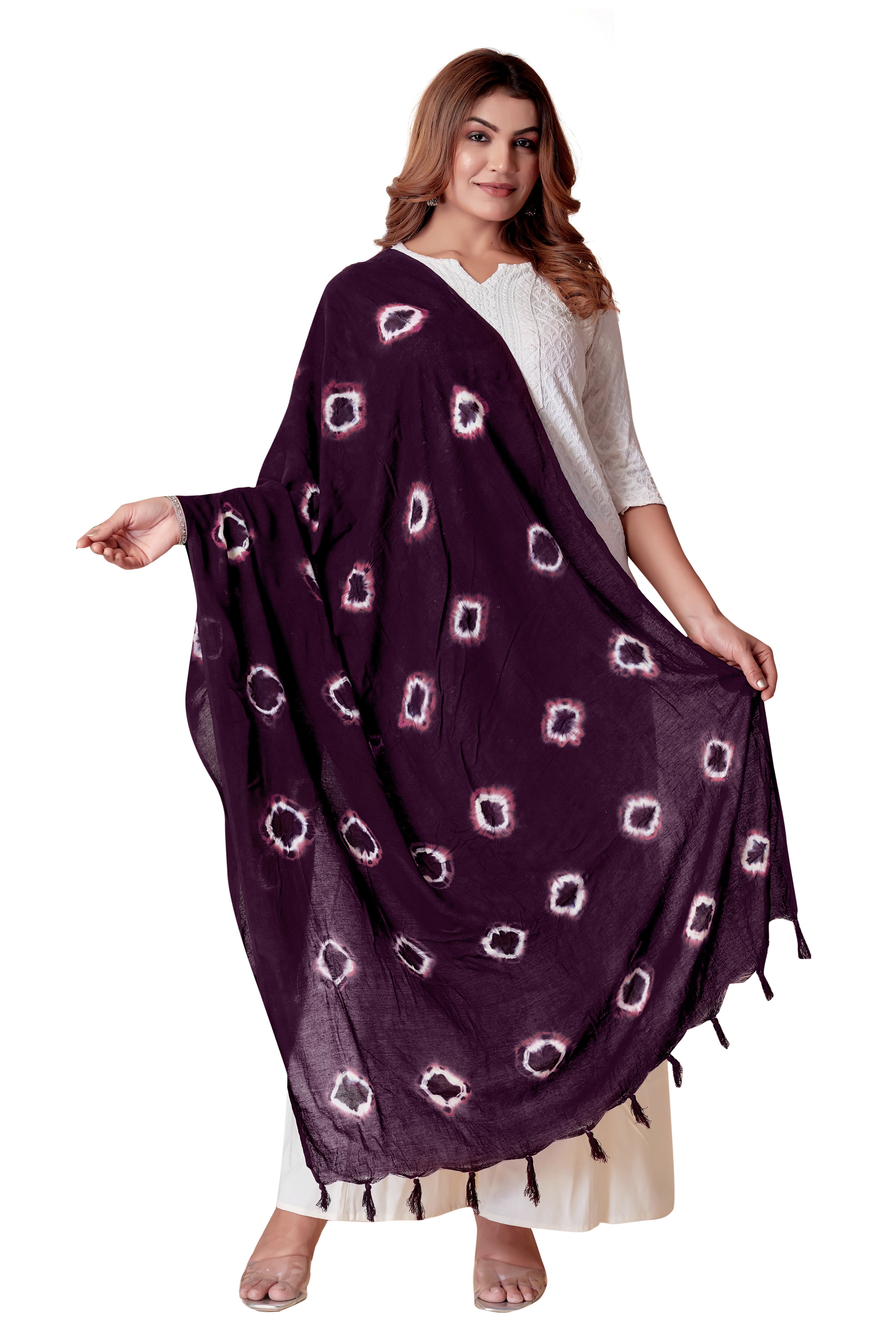 Plum Purple Bandhani Cotton Dupatta with Pink Hints