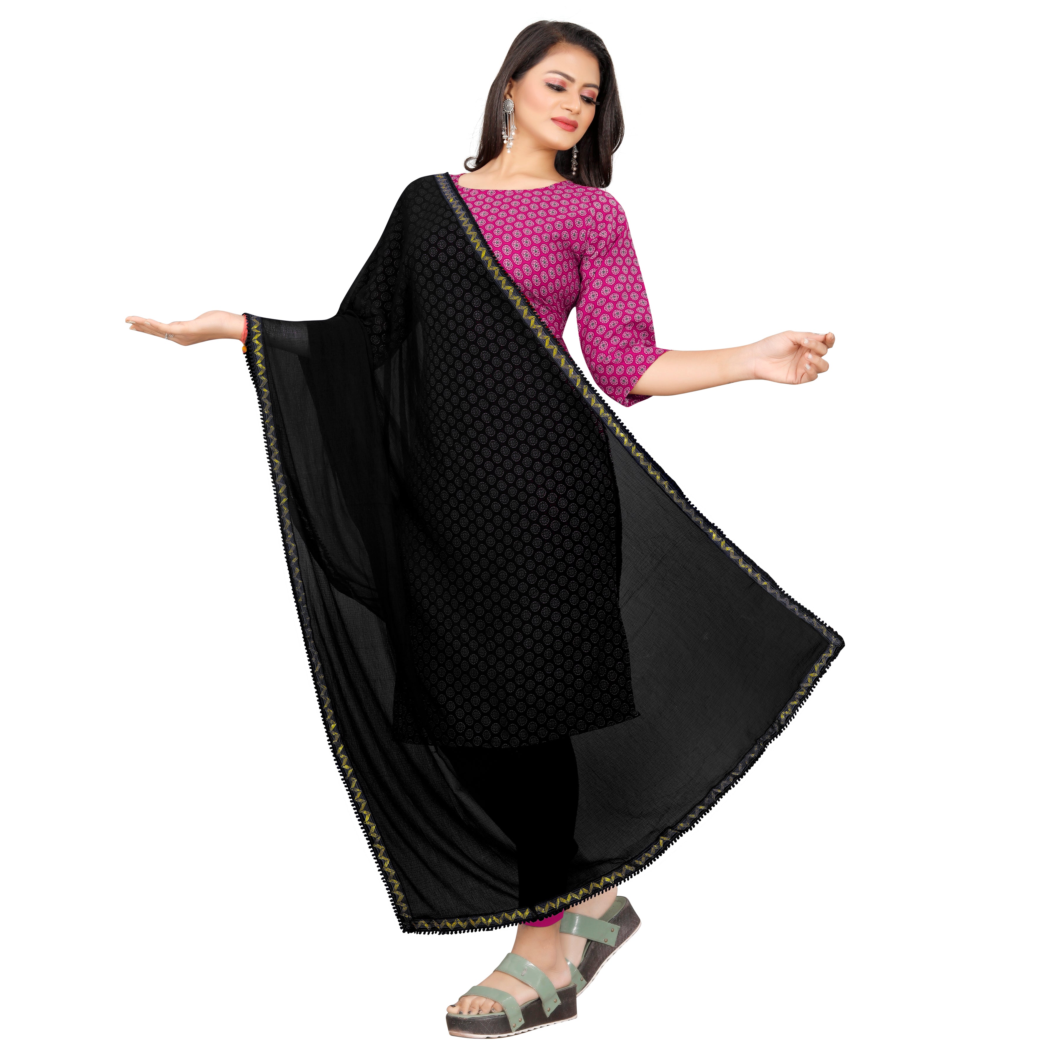 EBADAT Pure Chiffon Dupatta With Golden Border Lace  (Black)