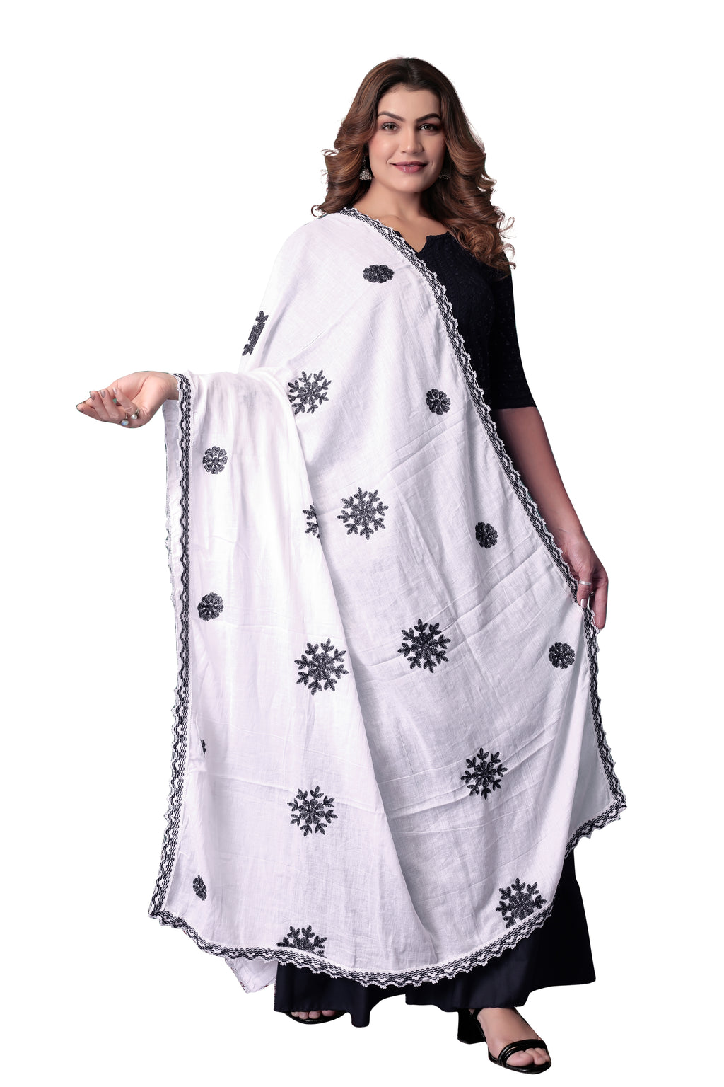 White Cotton Hijab/Dupatta with Black Embroidery | Soft & Sophisticated Look