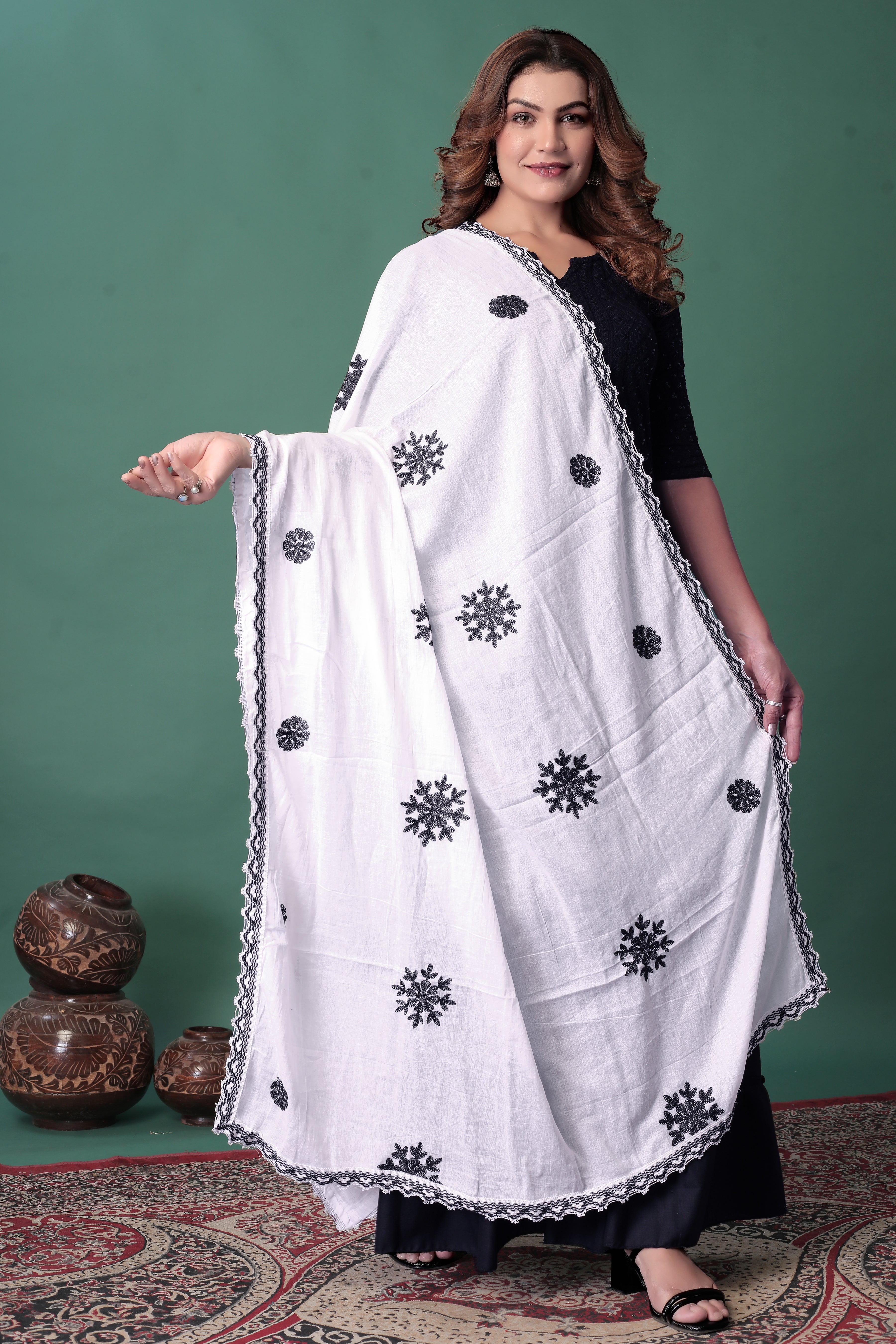 White Cotton Hijab/Dupatta with Black Embroidery | Soft & Sophisticated Look