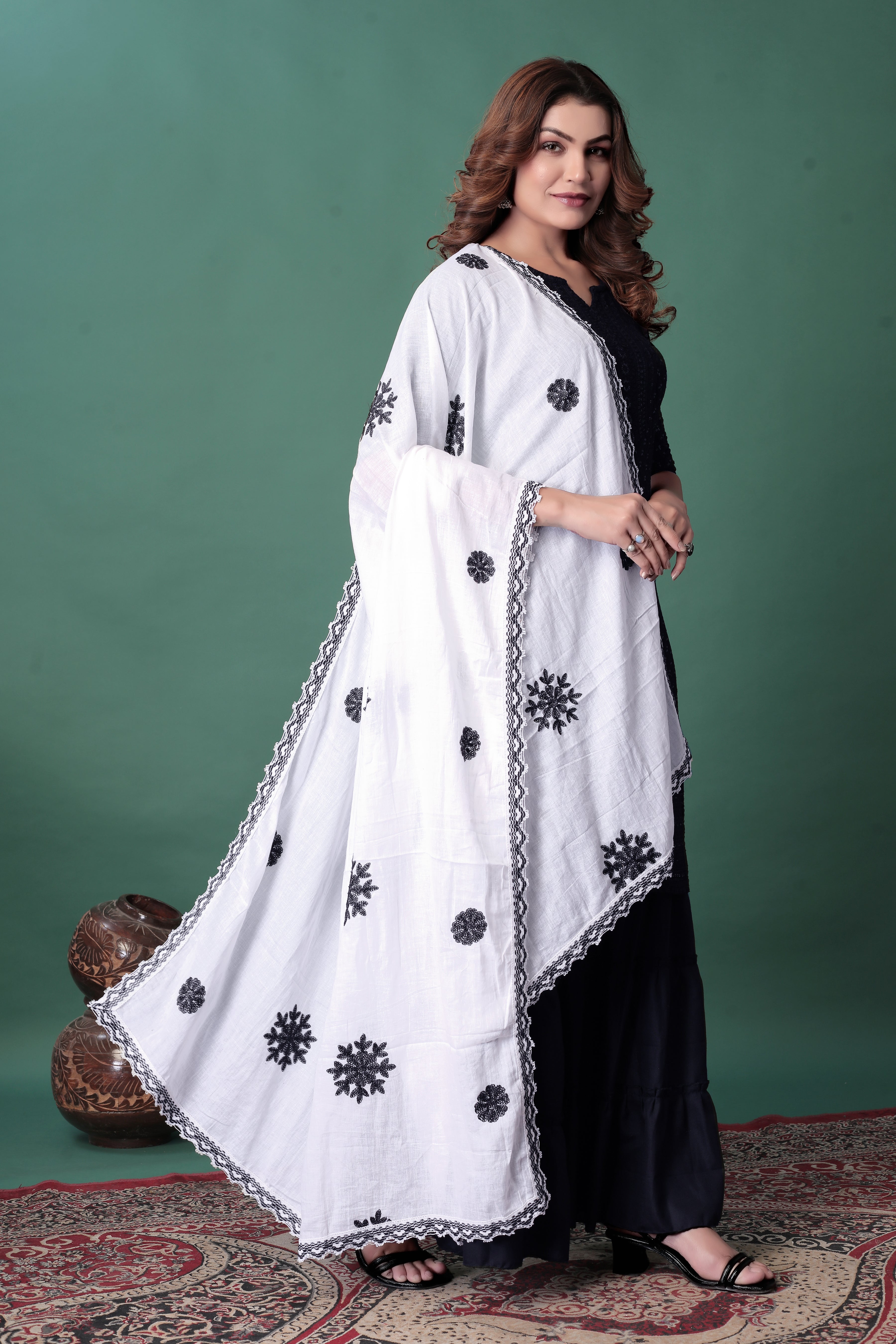 White Cotton Hijab/Dupatta with Black Embroidery | Soft & Sophisticated Look