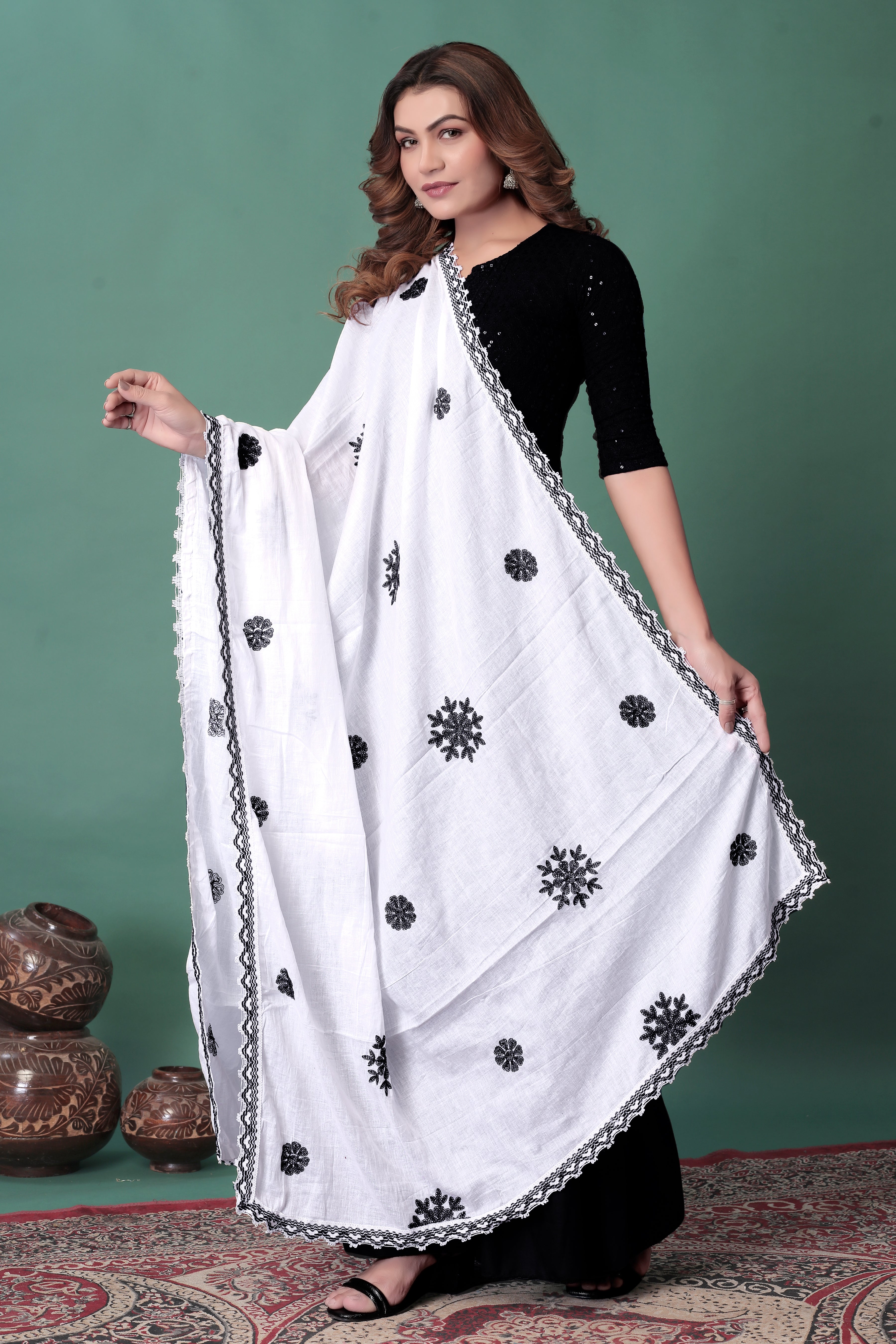 White Cotton Hijab/Dupatta with Black Embroidery | Soft & Sophisticated Look