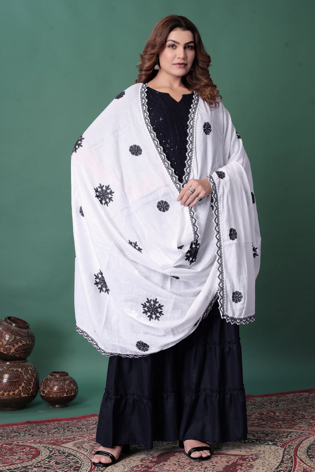 White Cotton Hijab/Dupatta with Black Embroidery | Soft & Sophisticated Look