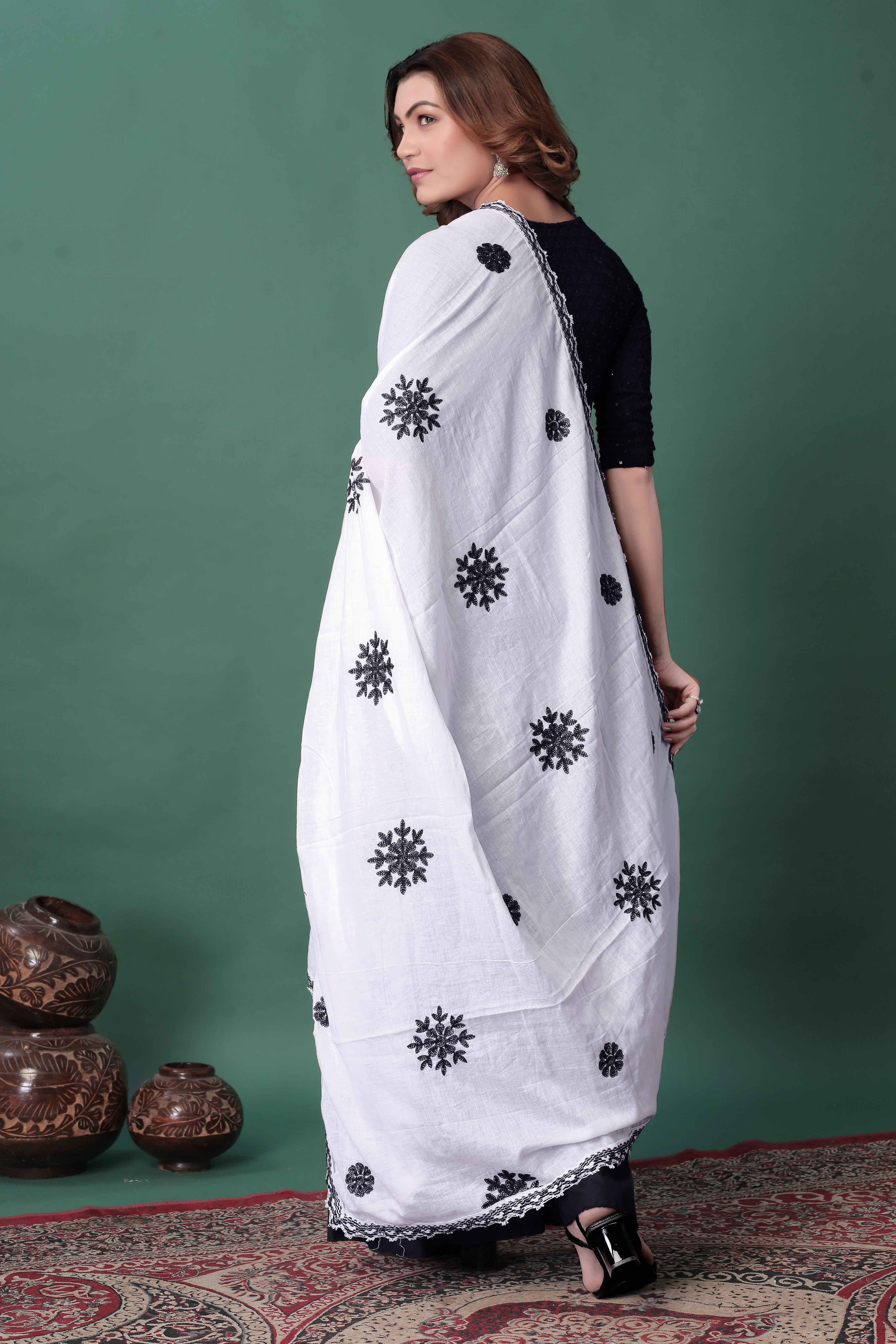 White Cotton Hijab/Dupatta with Black Embroidery | Soft & Sophisticated Look