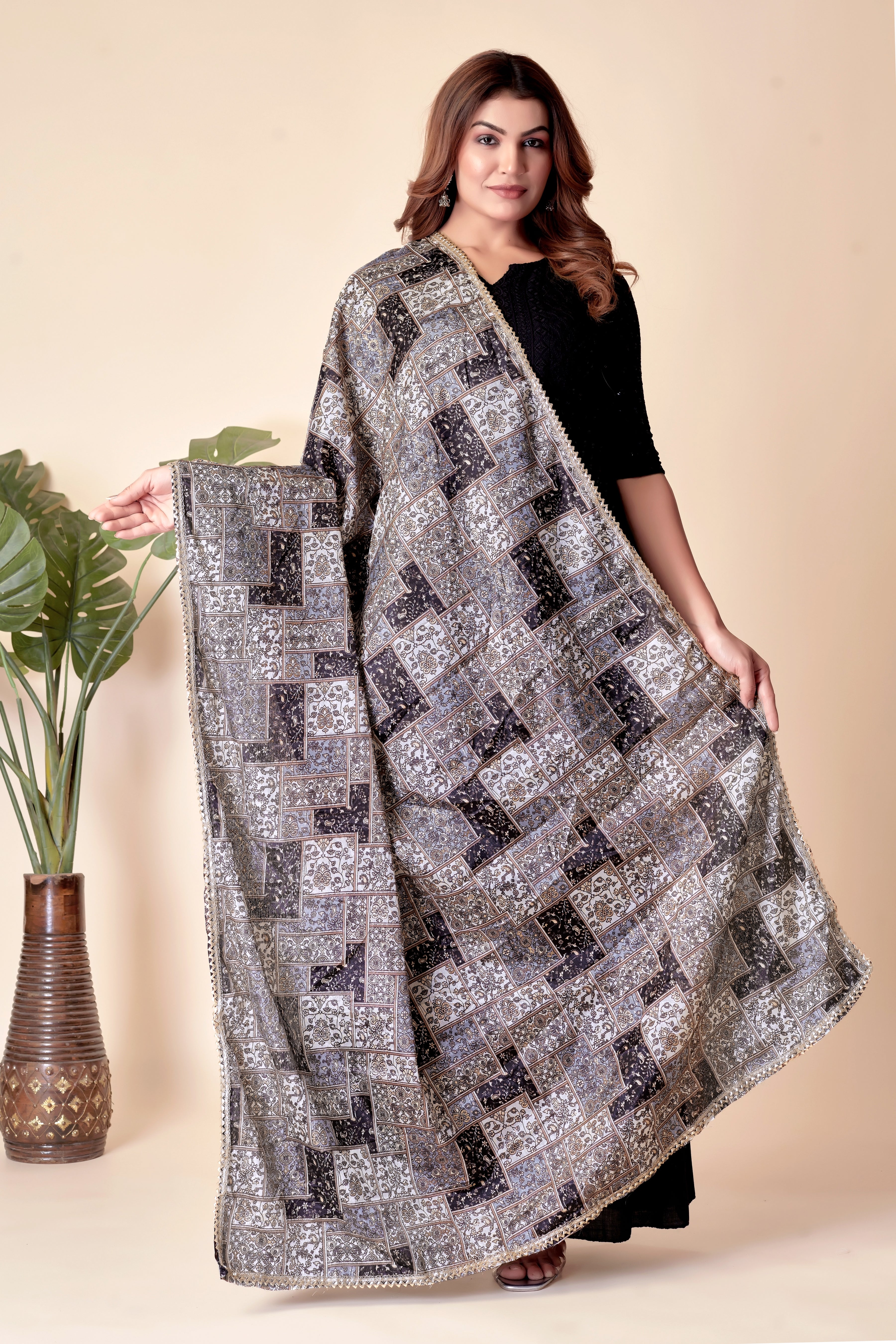 Royal Black Elegance – Printed Crape Dupatta
