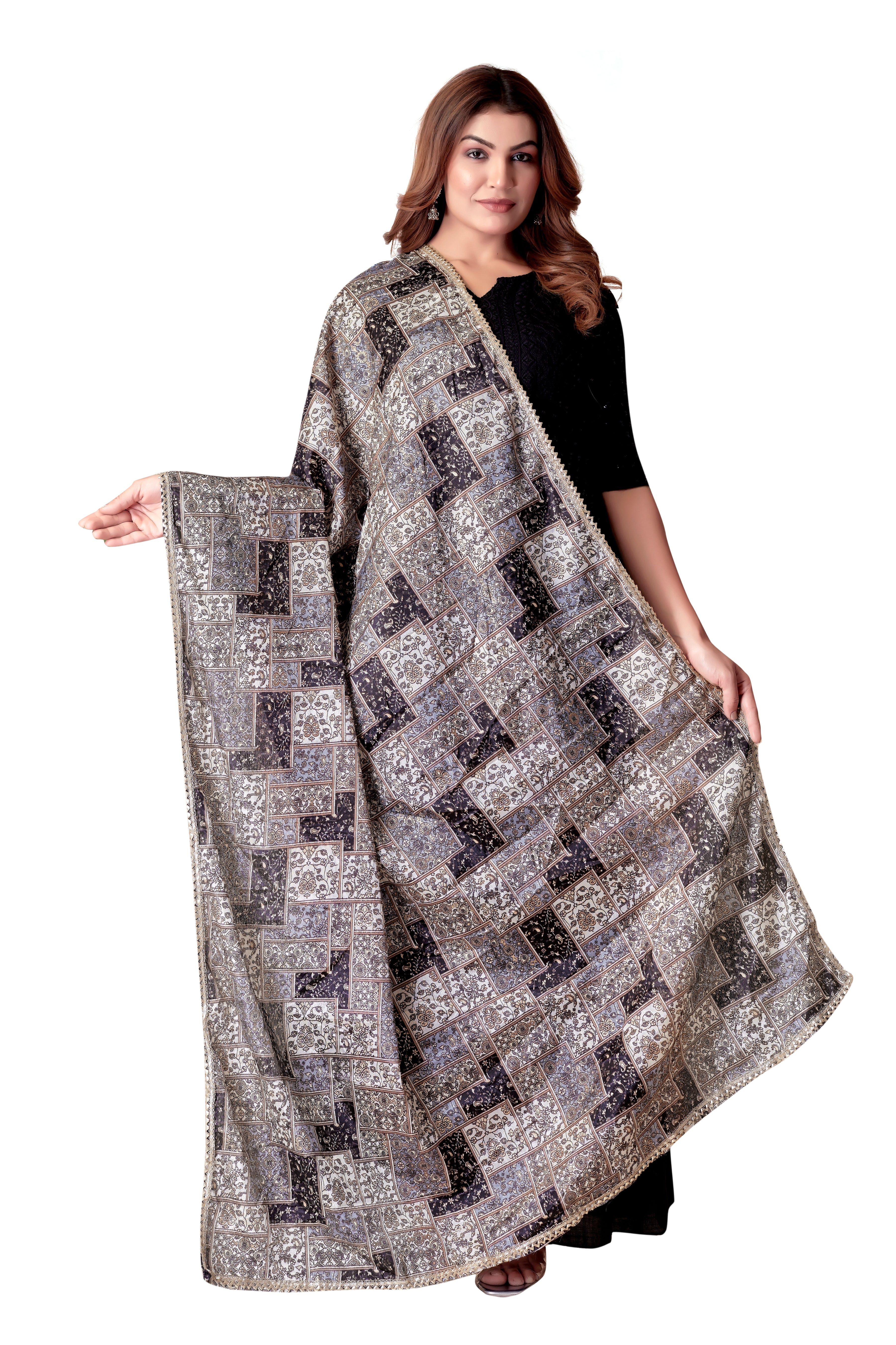 Royal Black Elegance – Printed Crape Dupatta
