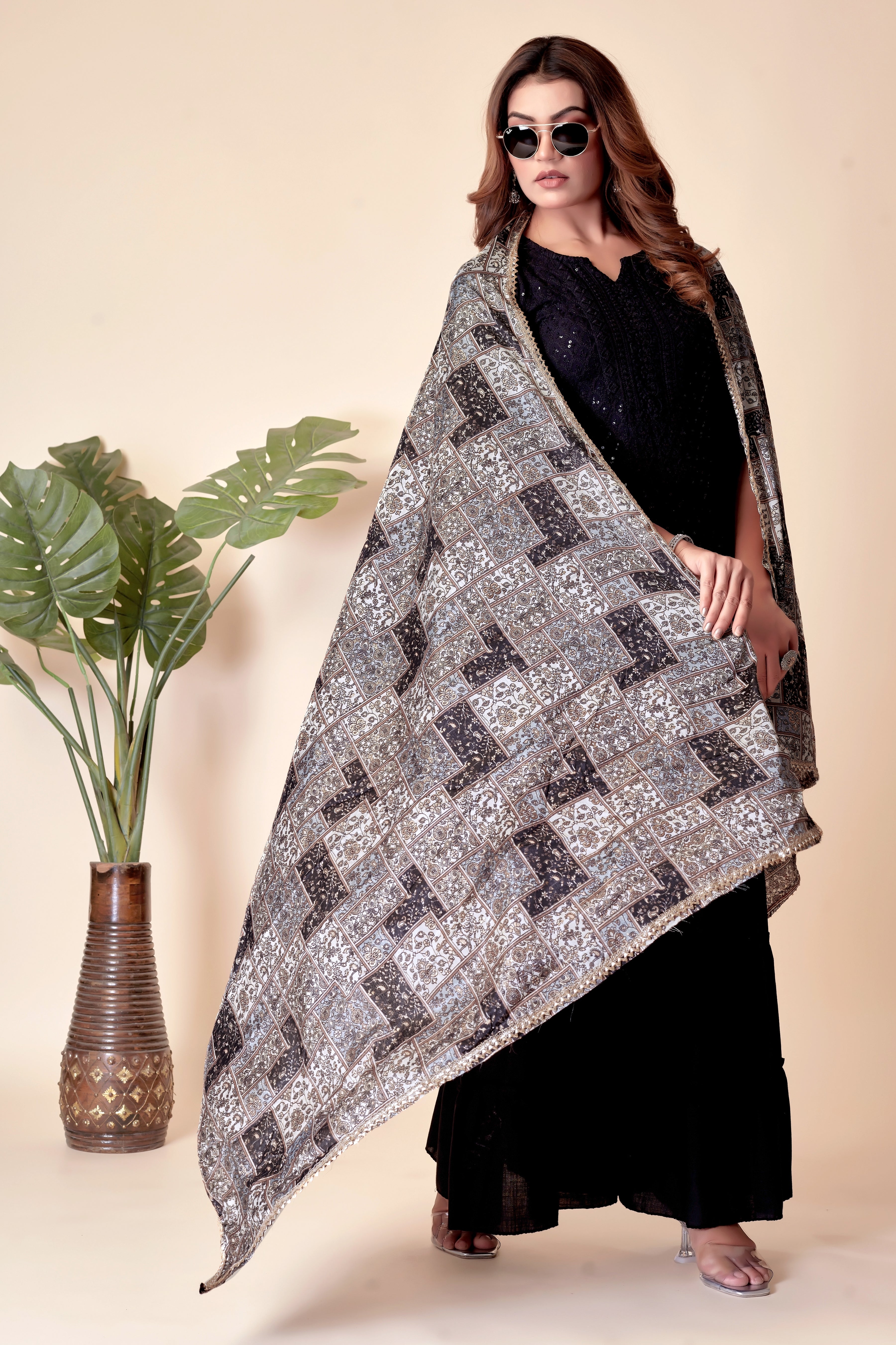 Royal Black Elegance – Printed Crape Dupatta