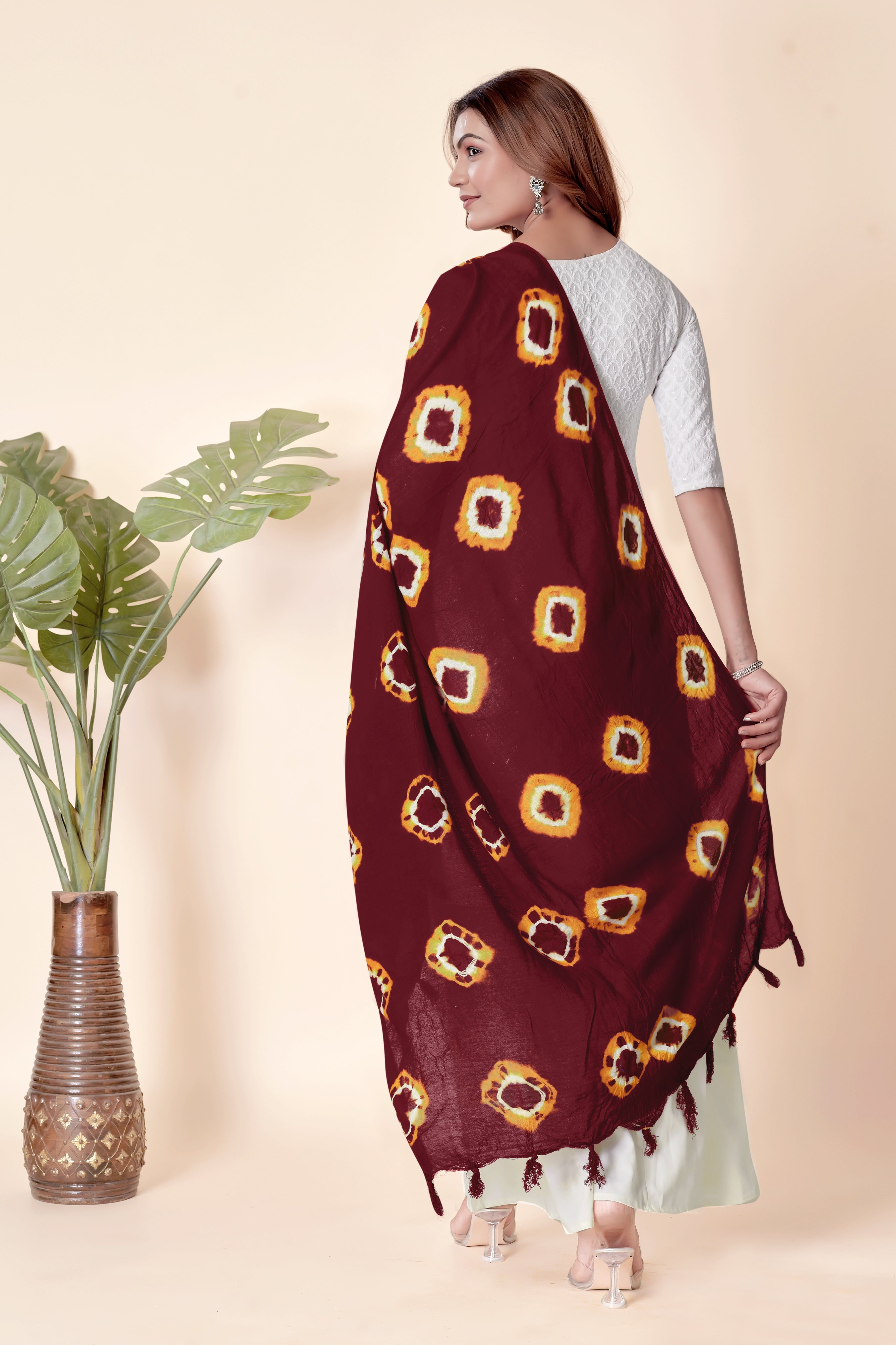 Maroon Bandhani Cotton Dupatta with Yellow Highlights
