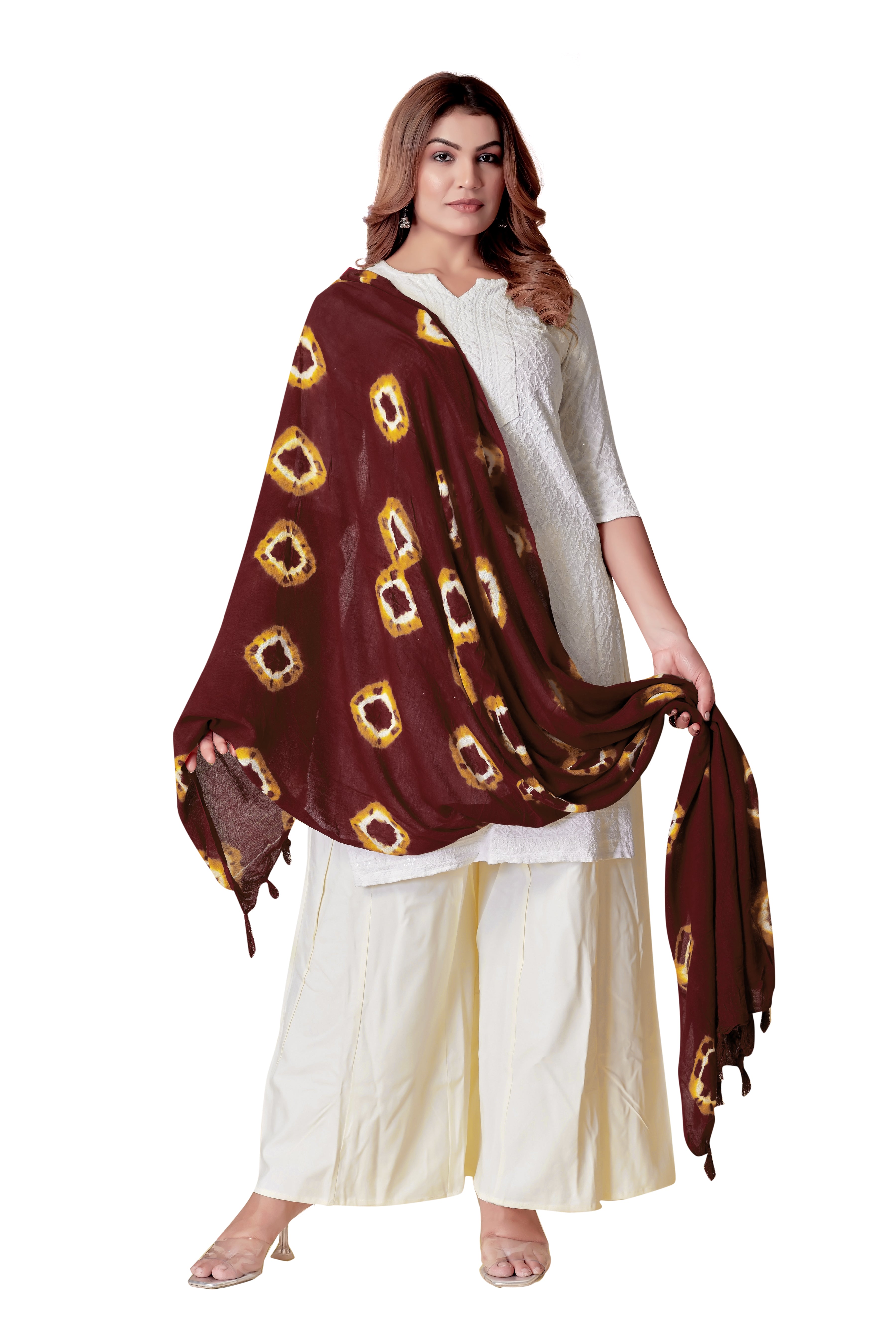 Maroon Bandhani Cotton Dupatta with Yellow Highlights