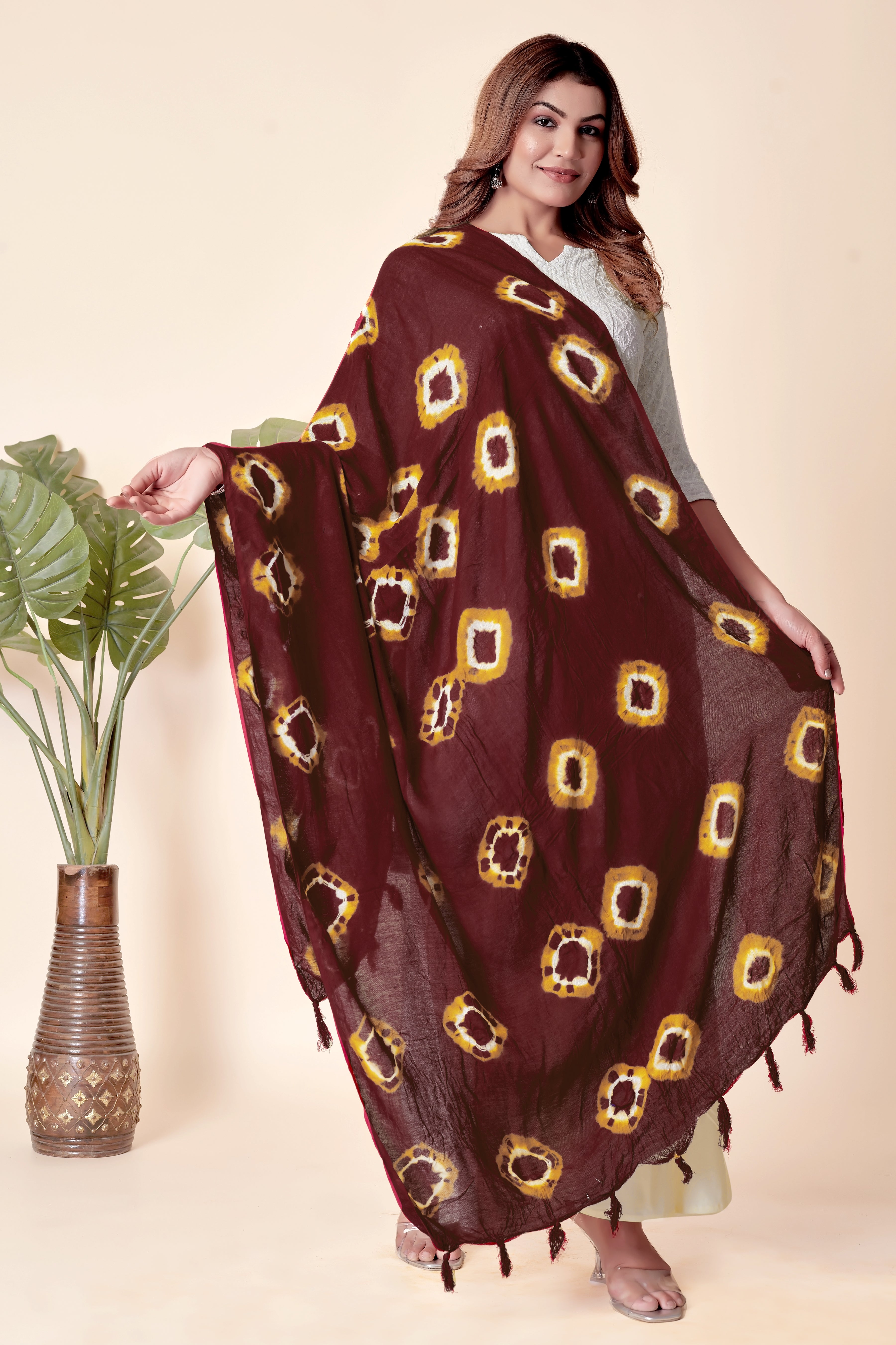 Maroon Bandhani Cotton Dupatta with Yellow Highlights