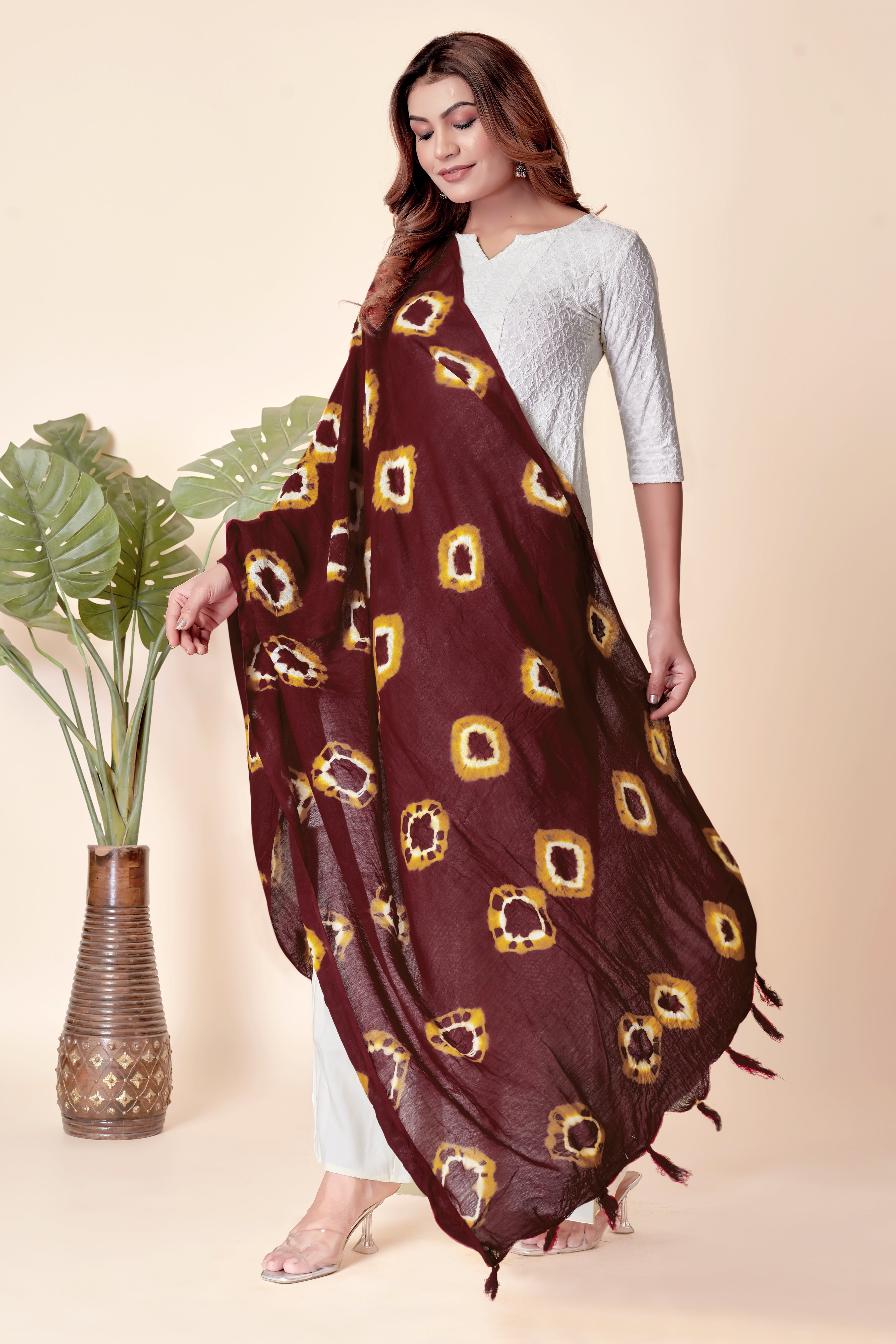 Maroon Bandhani Cotton Dupatta with Yellow Highlights