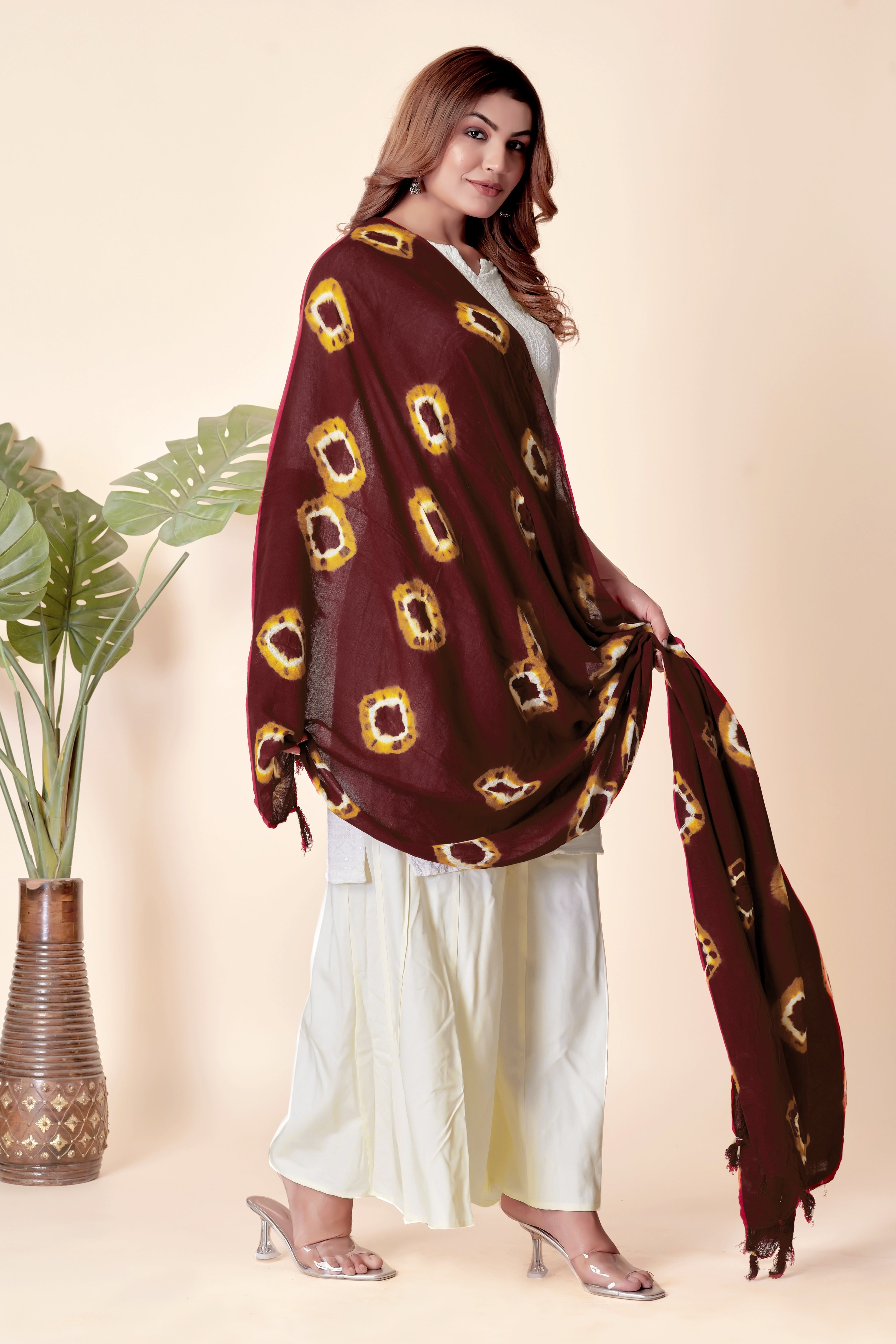 Maroon Bandhani Cotton Dupatta with Yellow Highlights