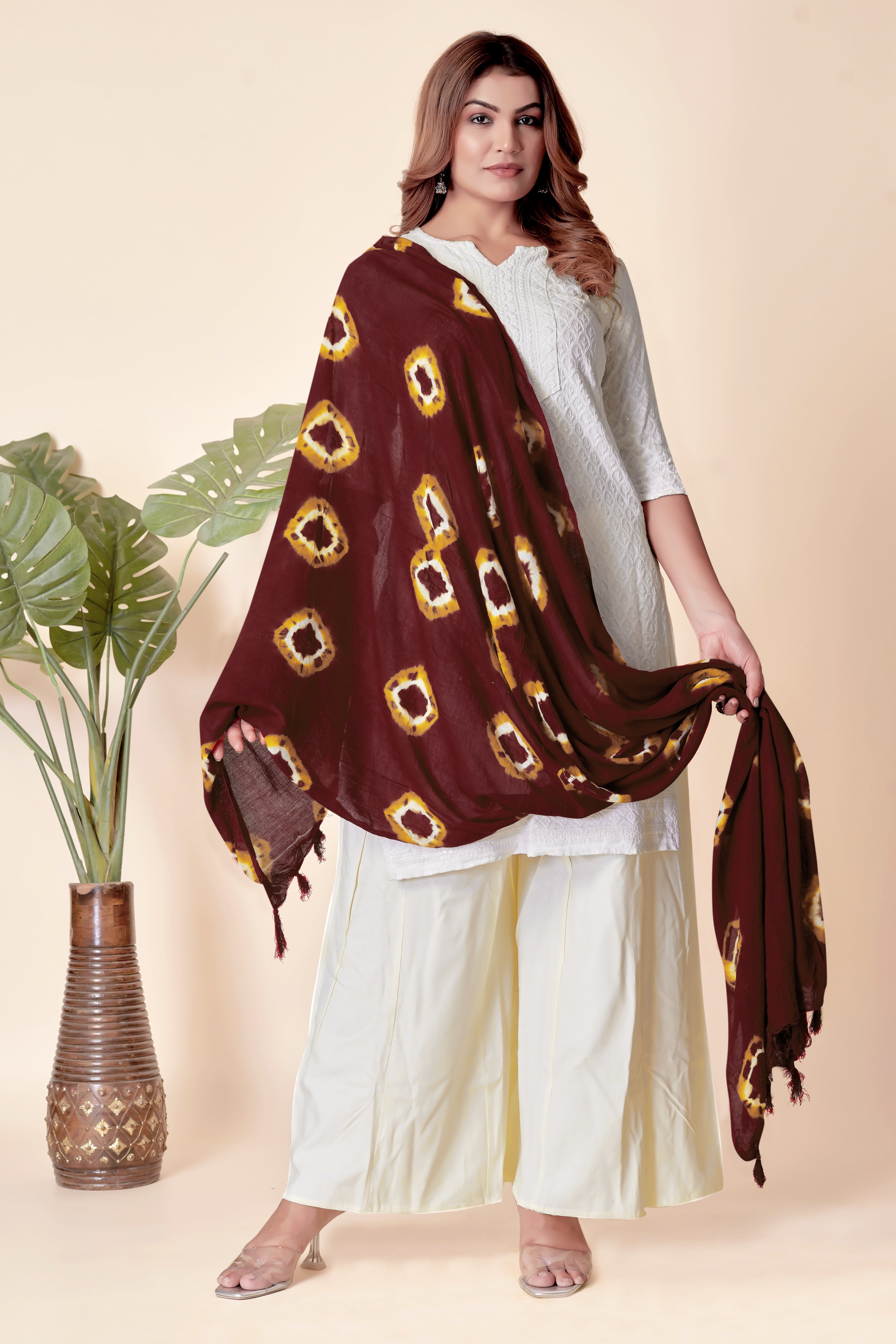 Maroon Bandhani Cotton Dupatta with Yellow Highlights