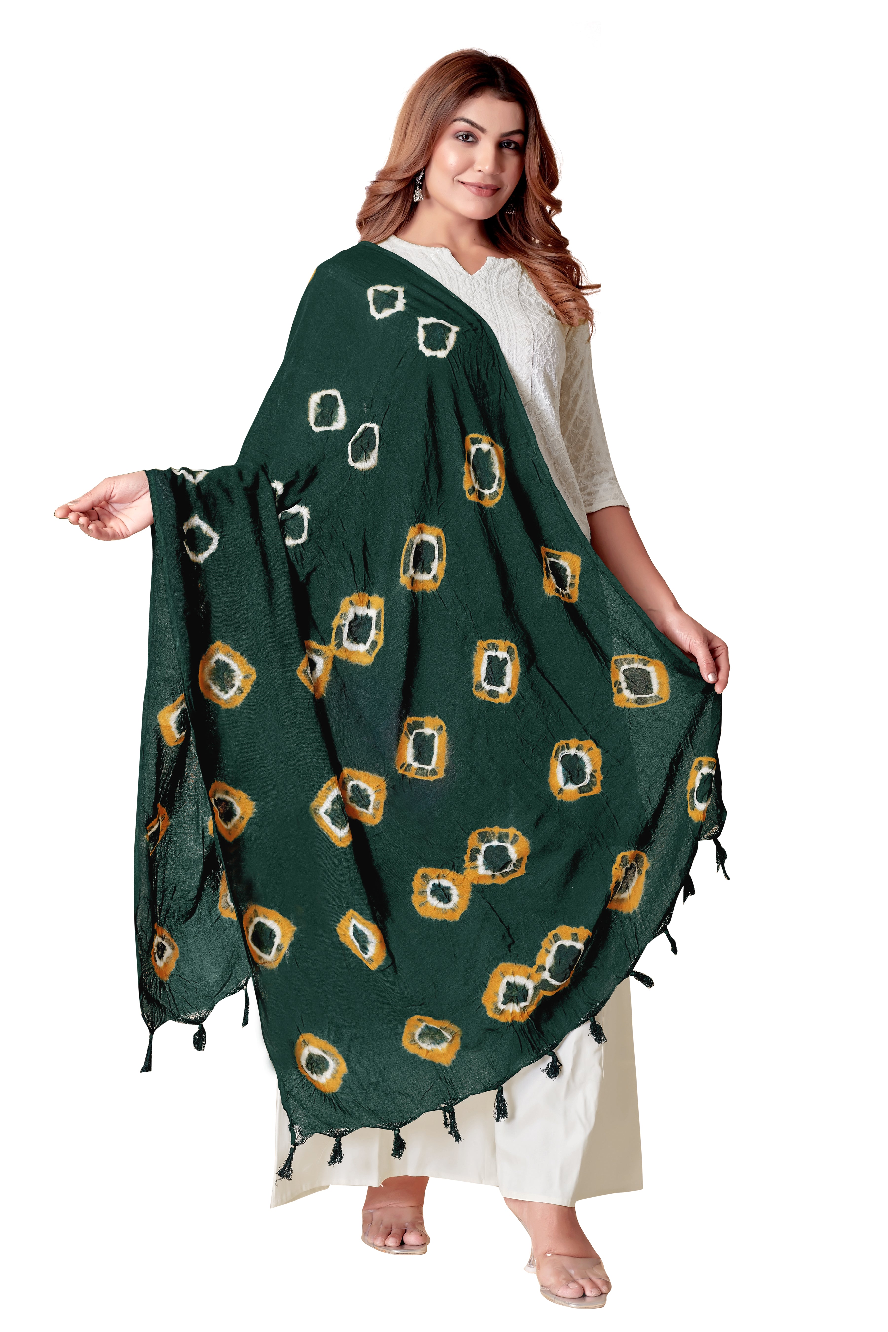 Bottle Green & Mustard Square Pattern Bandhani Dupatta