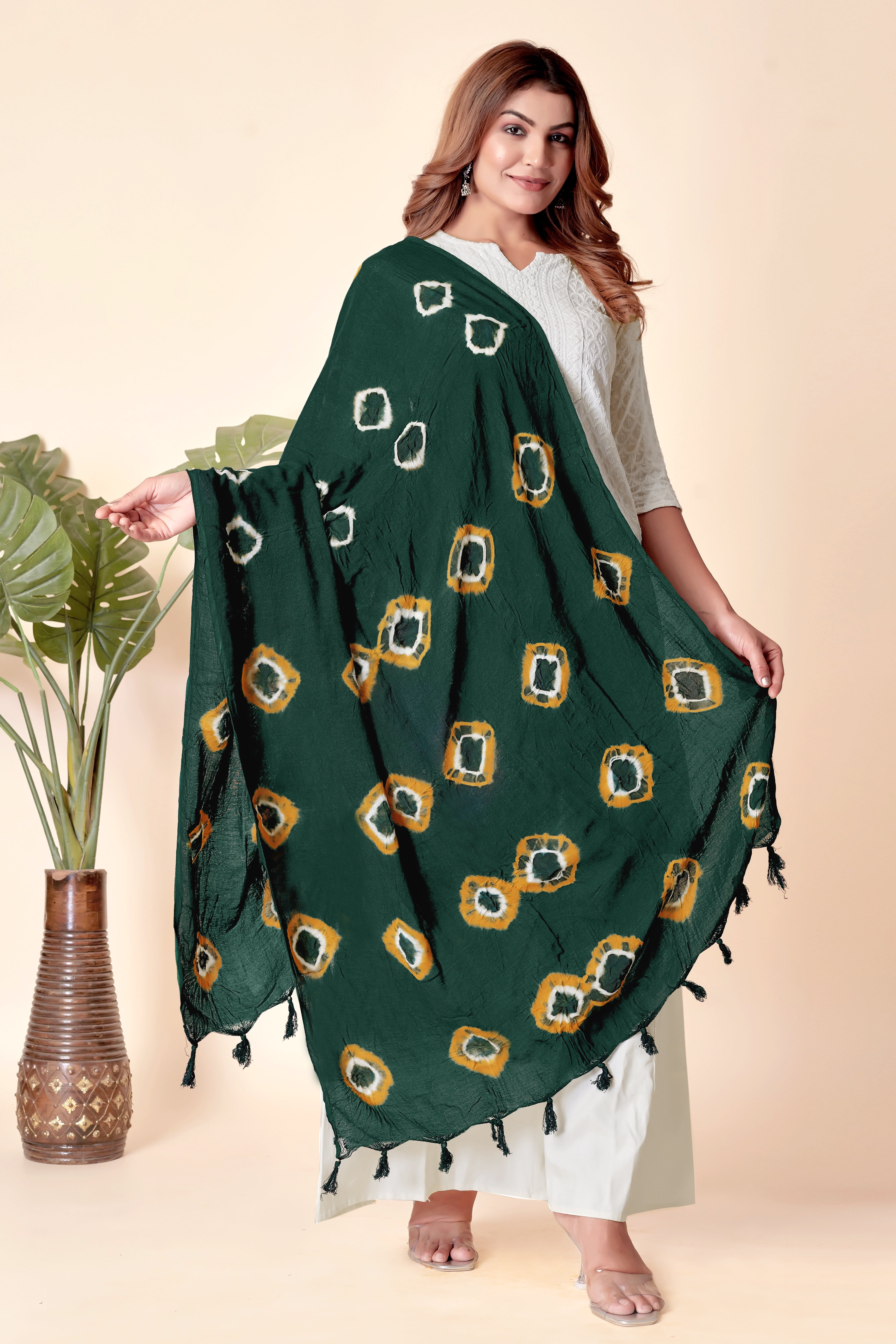 Bottle Green & Mustard Square Pattern Bandhani Dupatta