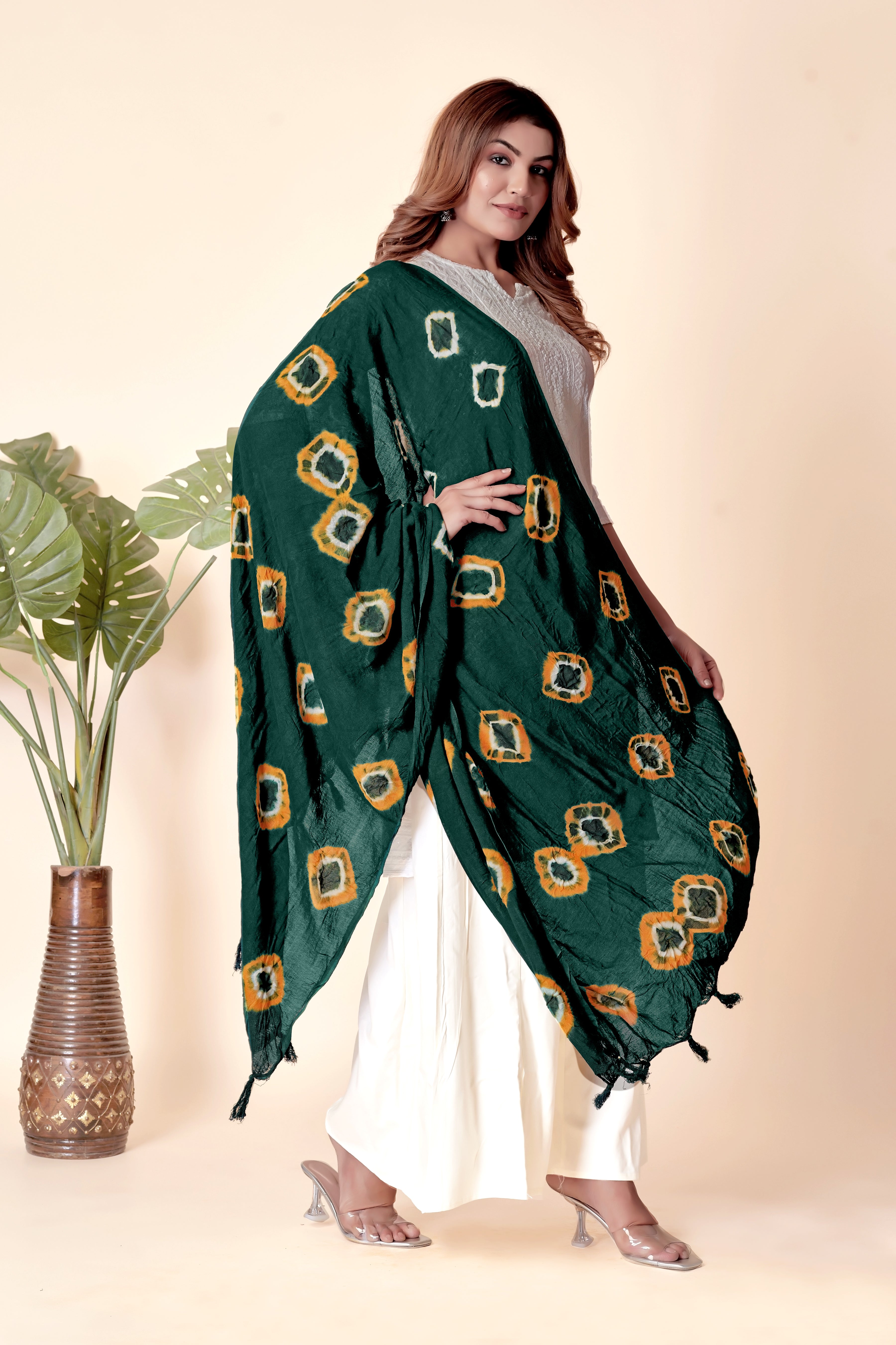 Bottle Green & Mustard Square Pattern Bandhani Dupatta