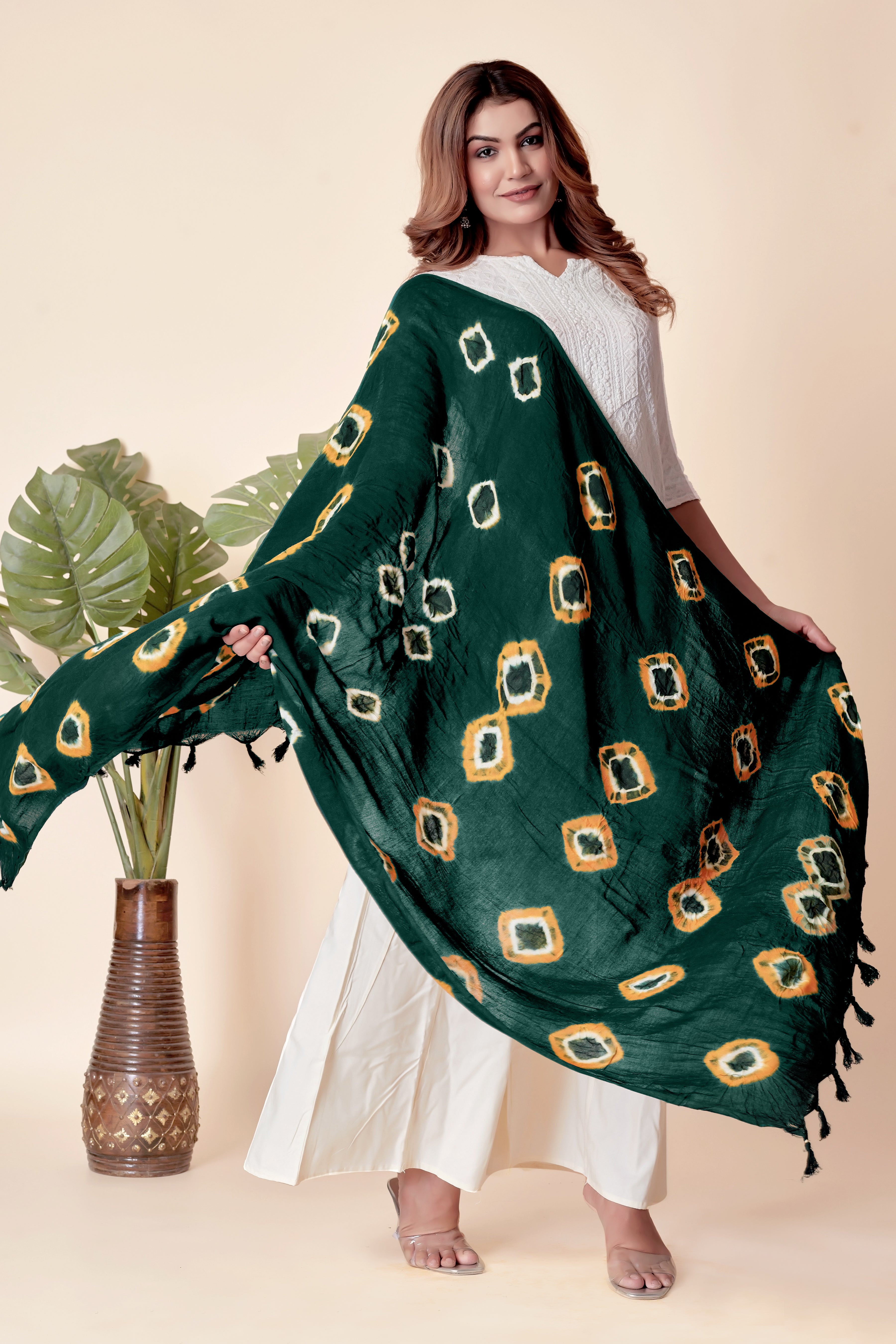 Bottle Green & Mustard Square Pattern Bandhani Dupatta