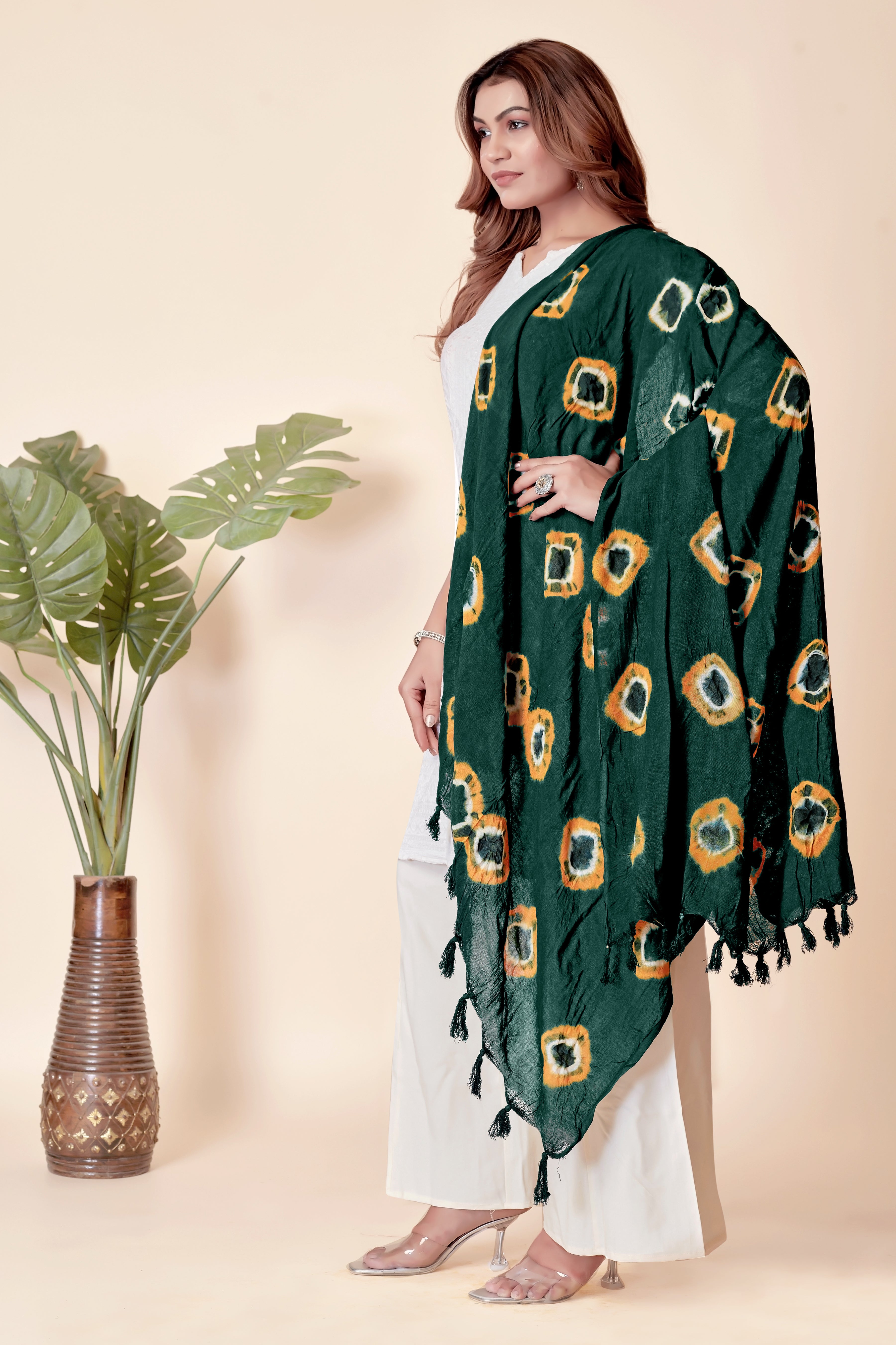 Bottle Green & Mustard Square Pattern Bandhani Dupatta