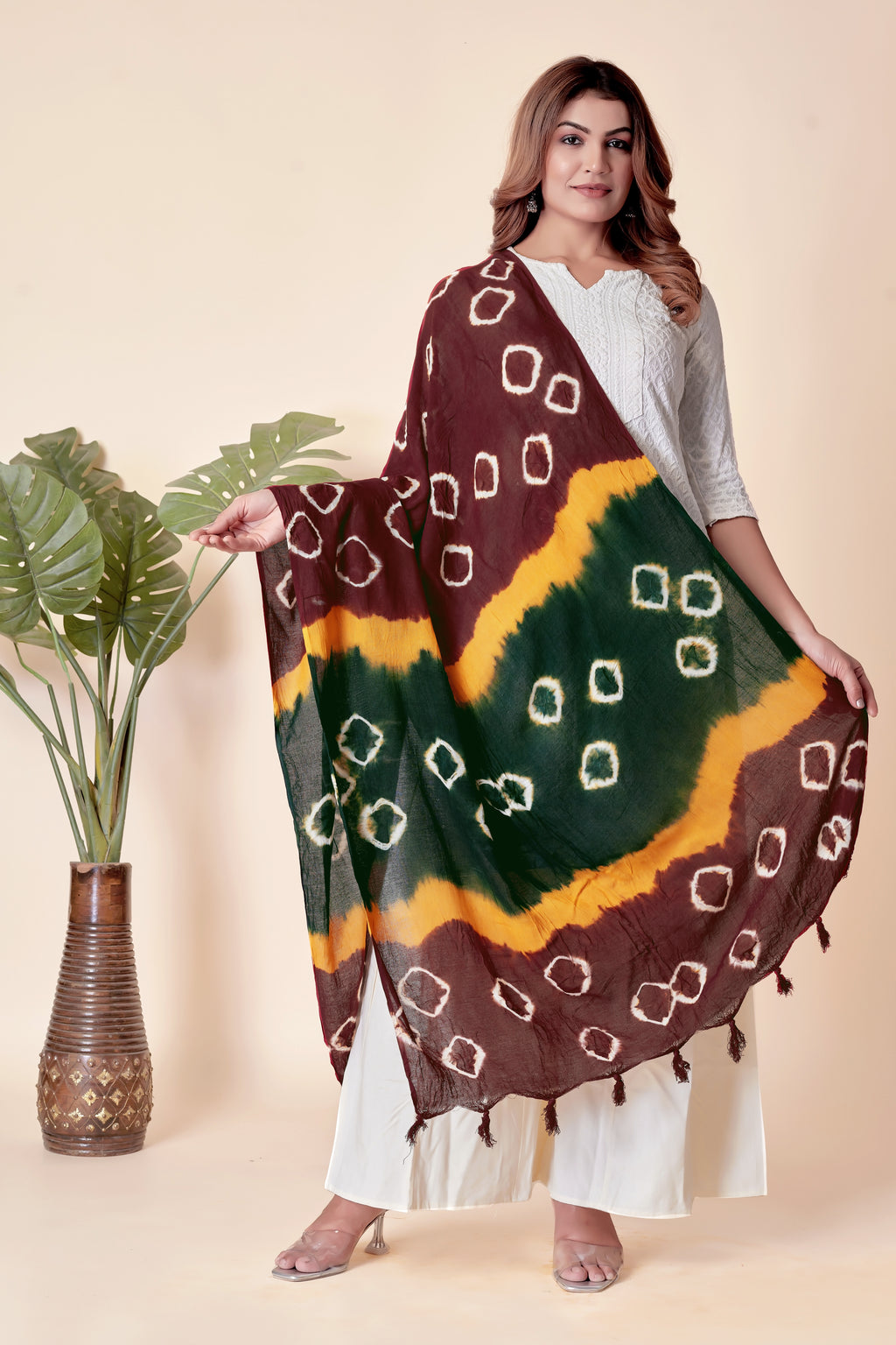Multicolor Bandhani Cotton Dupatta – Maroon, Yellow & Green