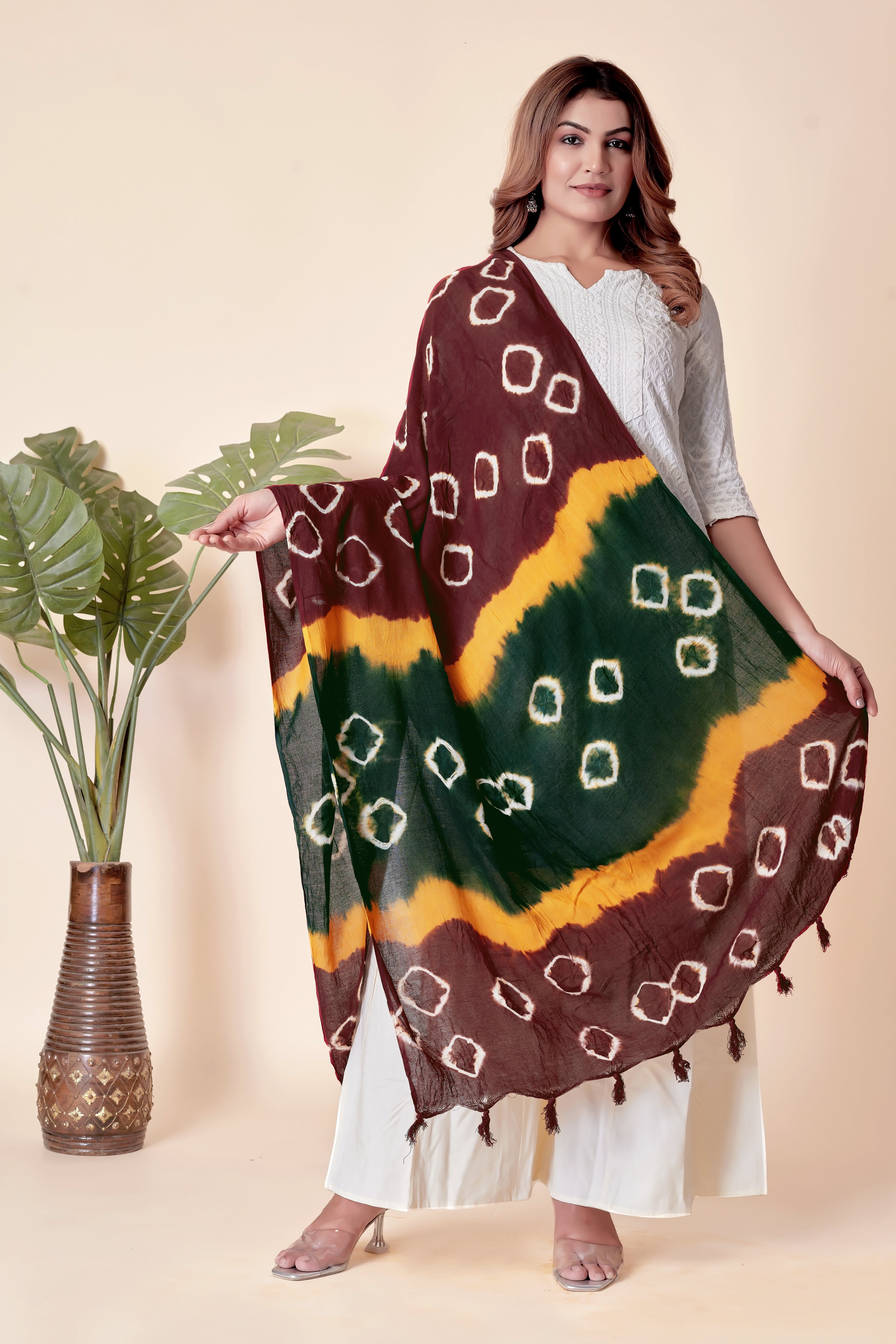 Multicolor Bandhani Cotton Dupatta – Maroon, Yellow & Green