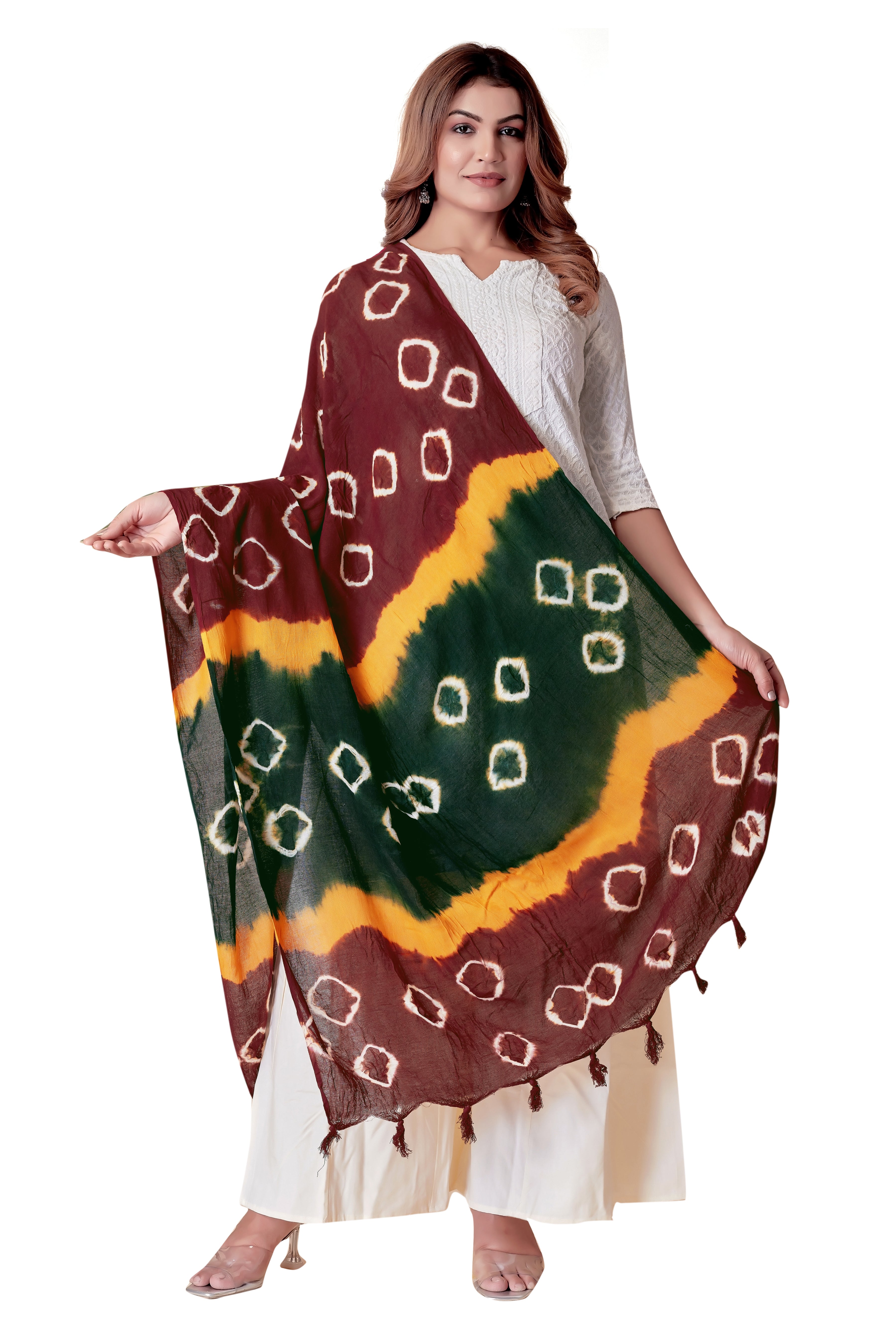 Multicolor Bandhani Cotton Dupatta – Maroon, Yellow & Green