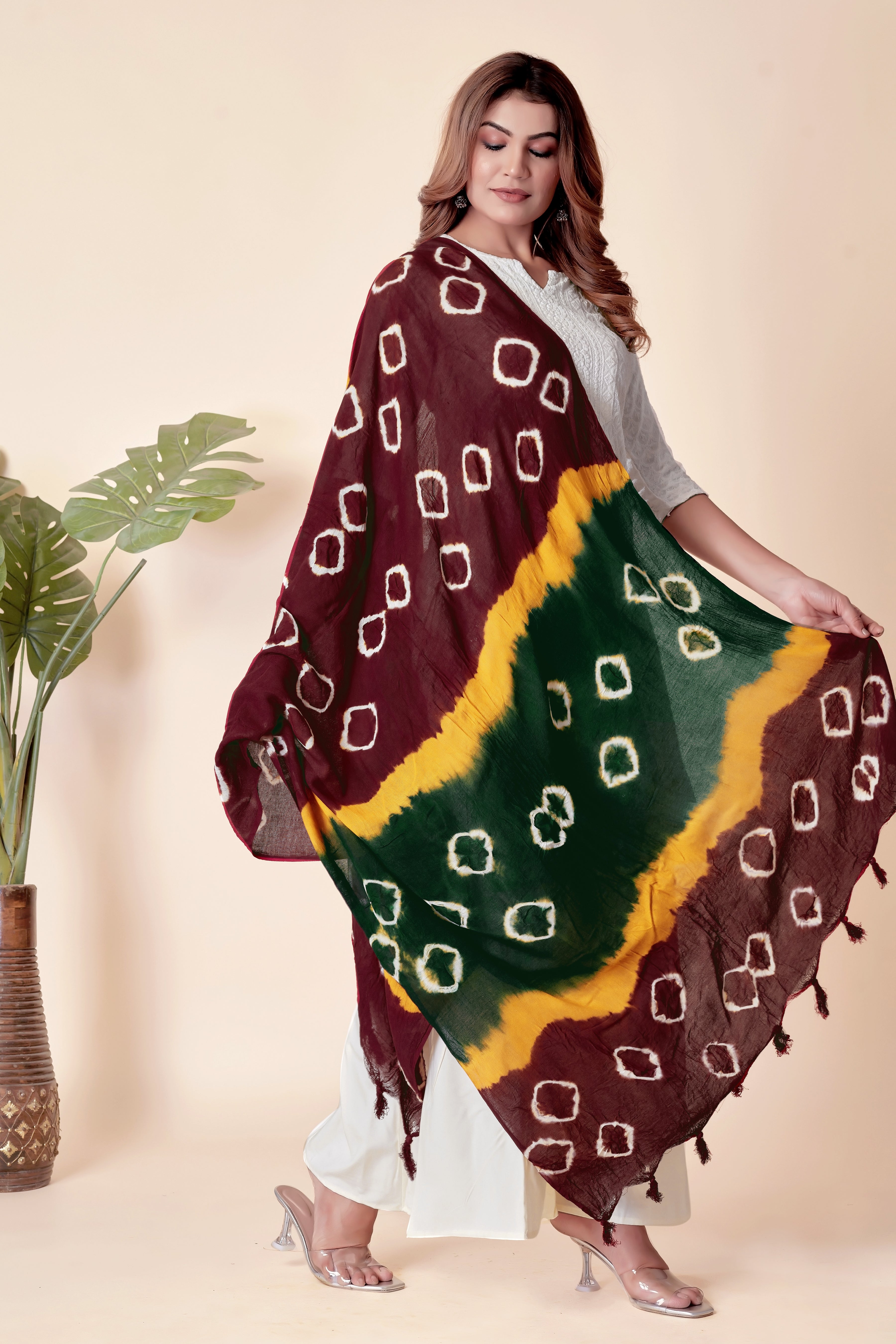 Multicolor Bandhani Cotton Dupatta – Maroon, Yellow & Green