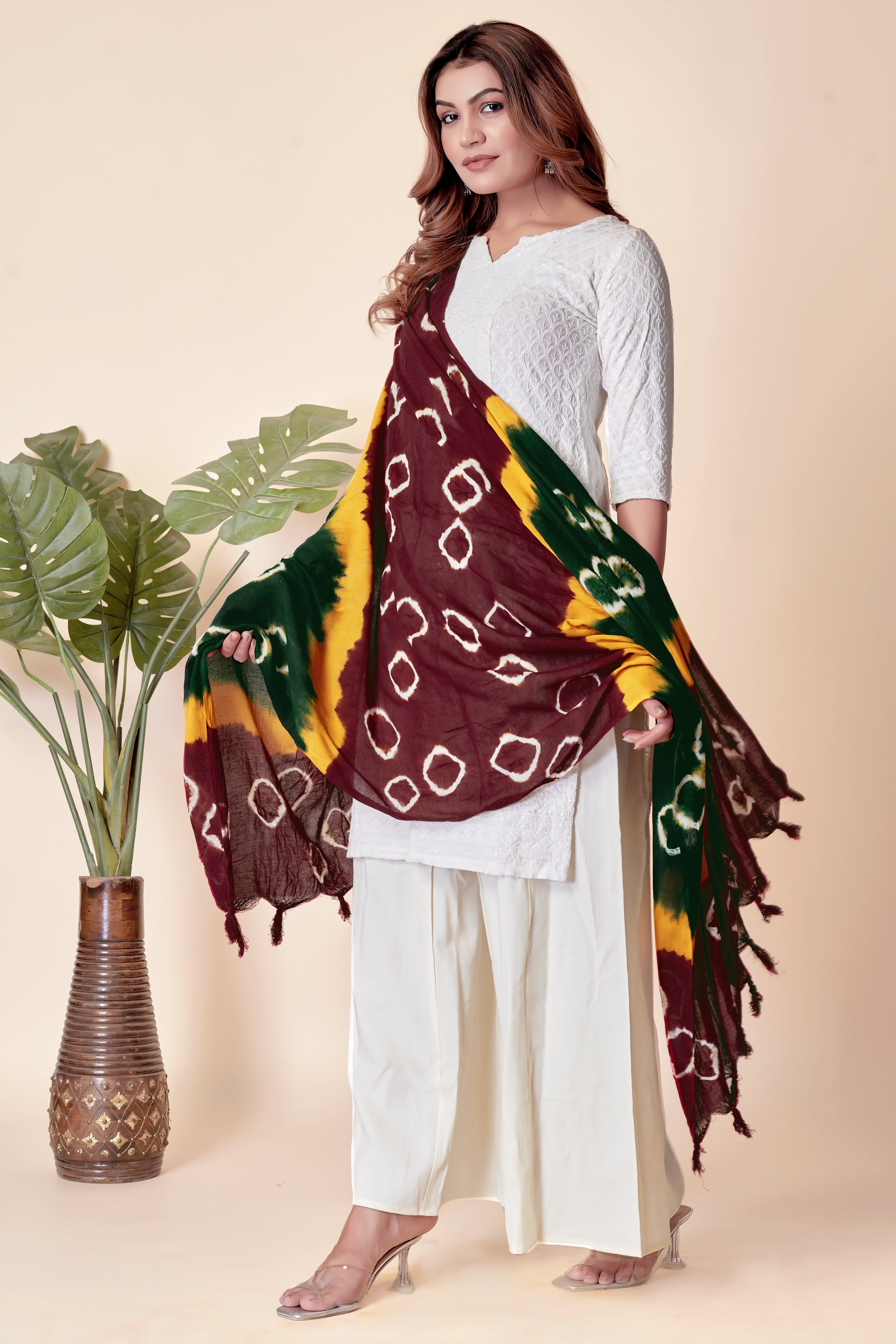 Multicolor Bandhani Cotton Dupatta – Maroon, Yellow & Green