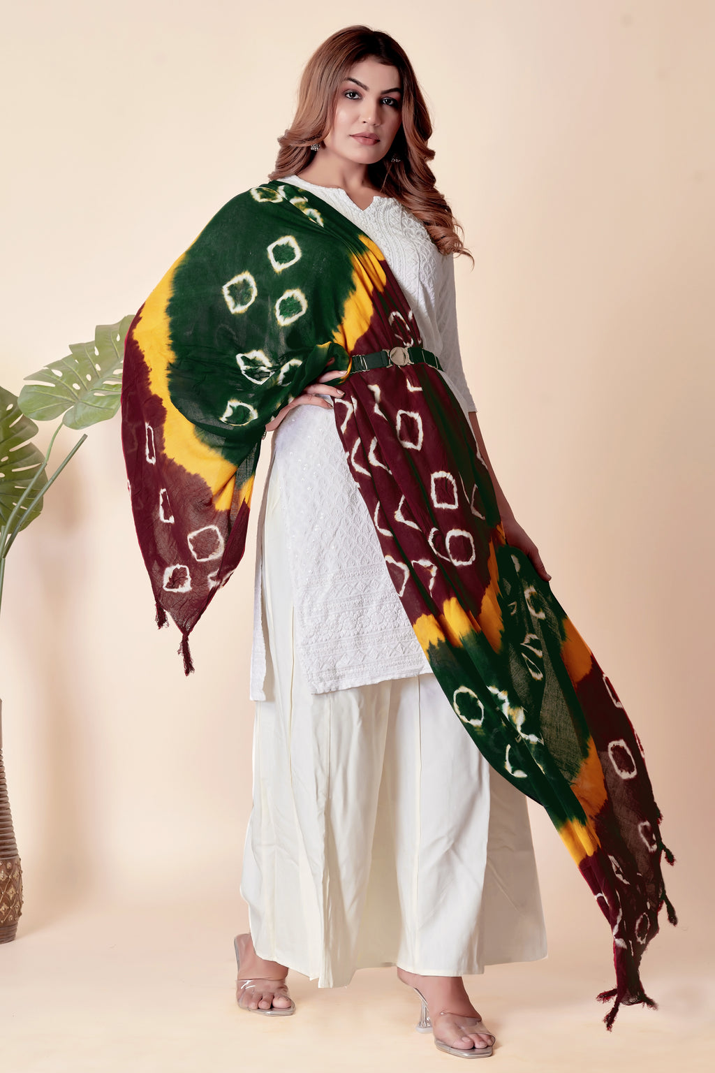 Multicolor Bandhani Cotton Dupatta – Maroon, Yellow & Green