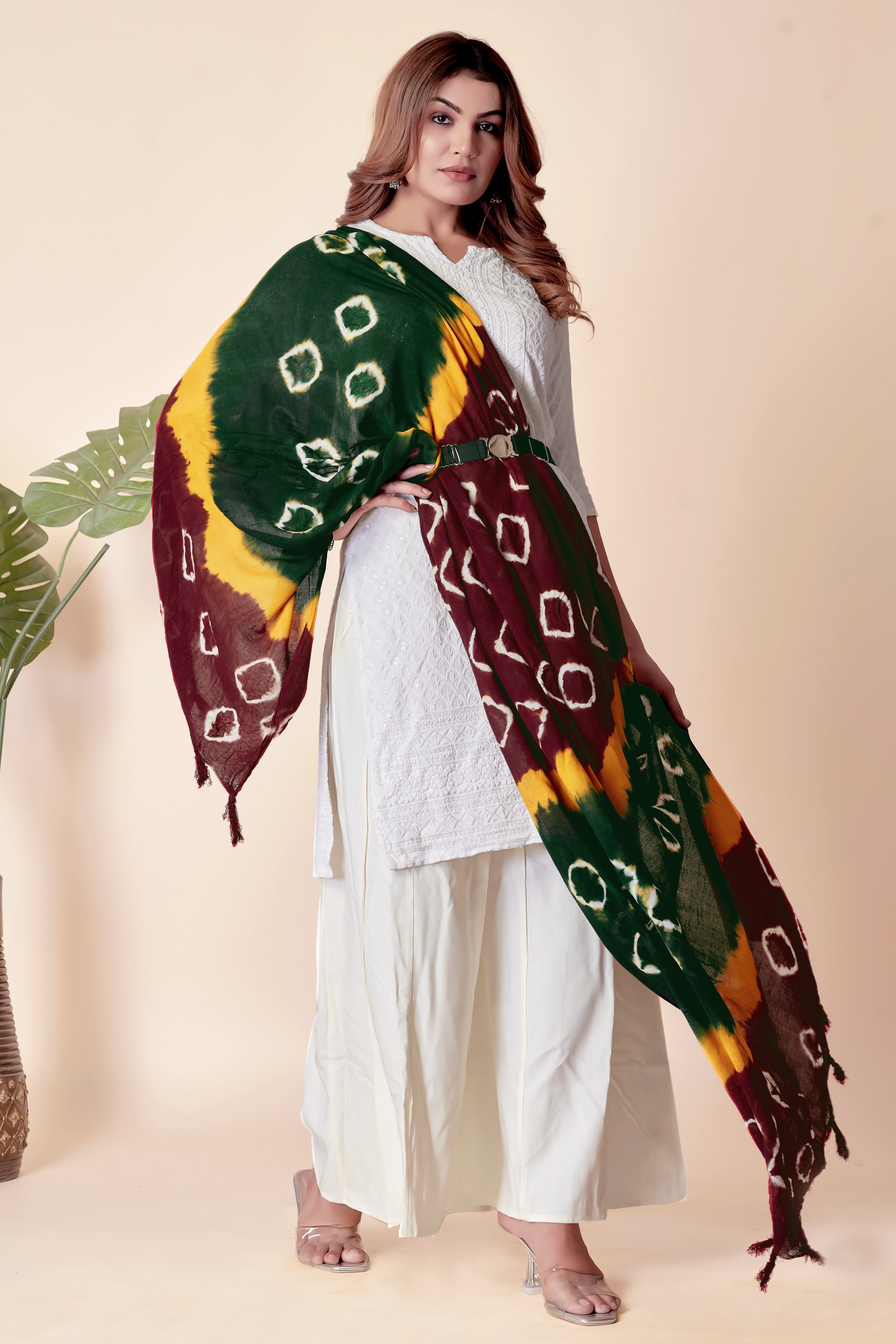 Multicolor Bandhani Cotton Dupatta – Maroon, Yellow & Green