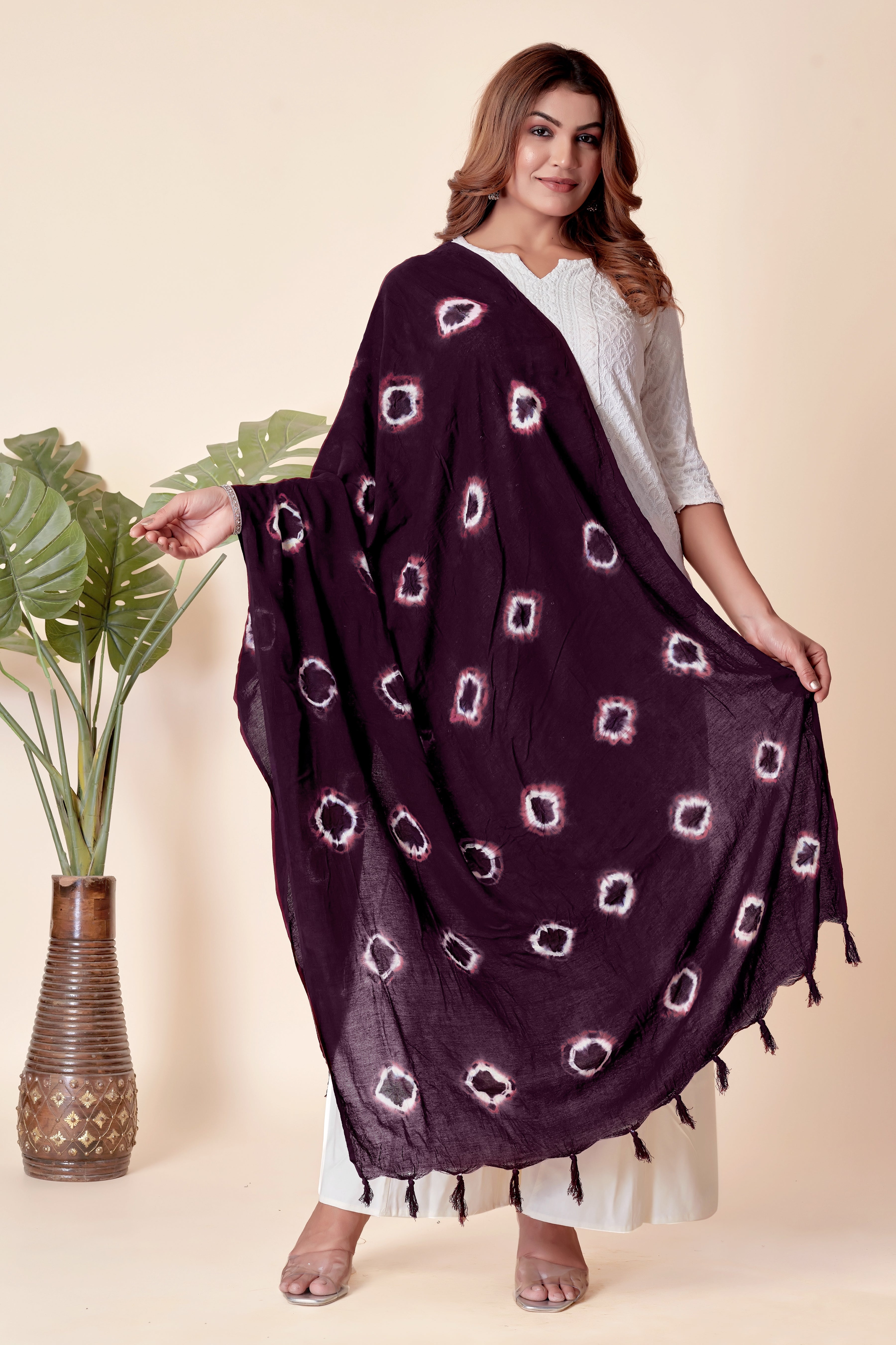 Plum Purple Bandhani Cotton Dupatta with Pink Hints