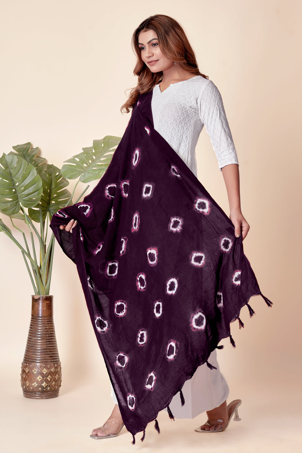 Plum Purple Bandhani Cotton Dupatta with Pink Hints