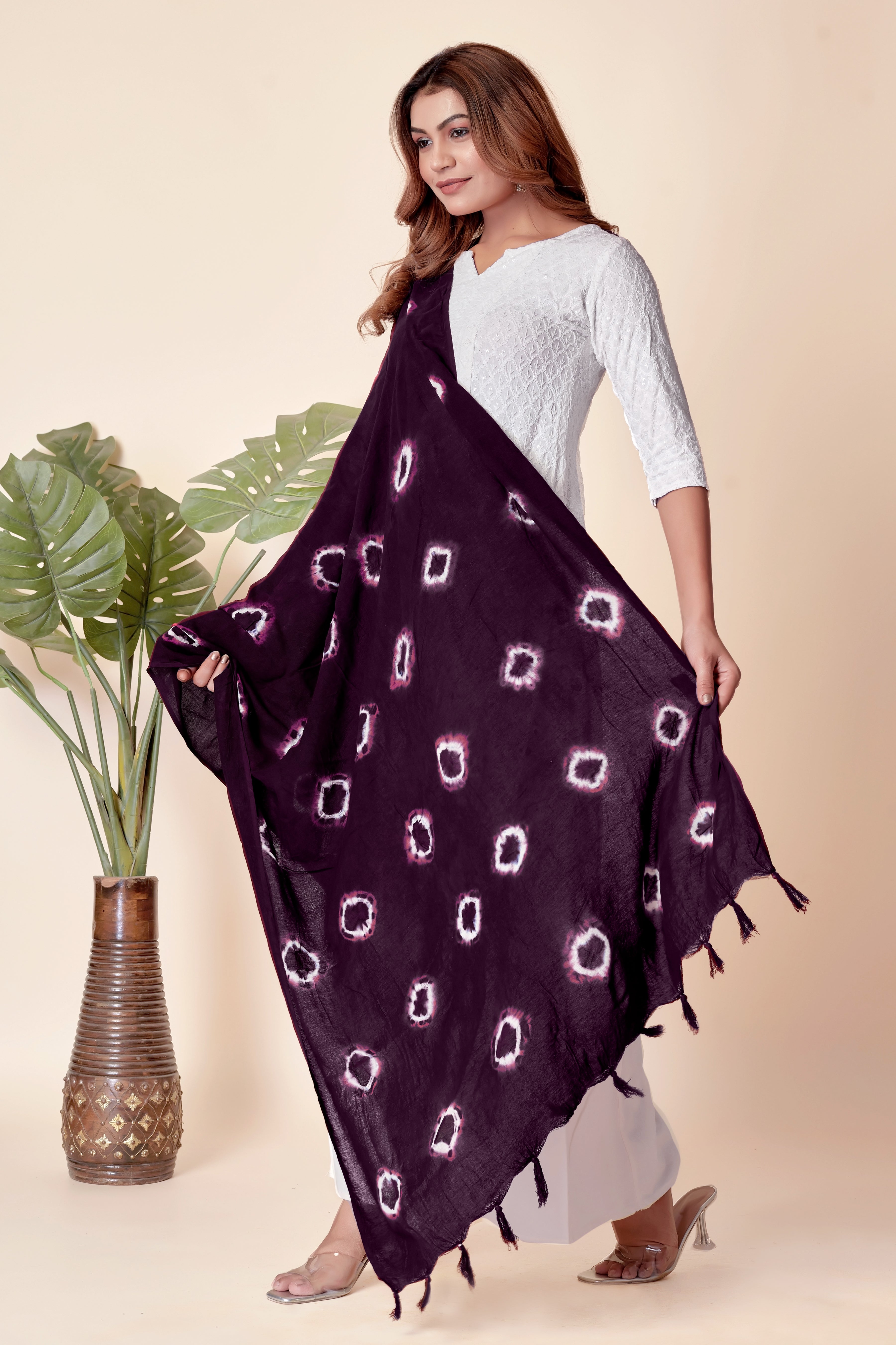 Plum Purple Bandhani Cotton Dupatta with Pink Hints