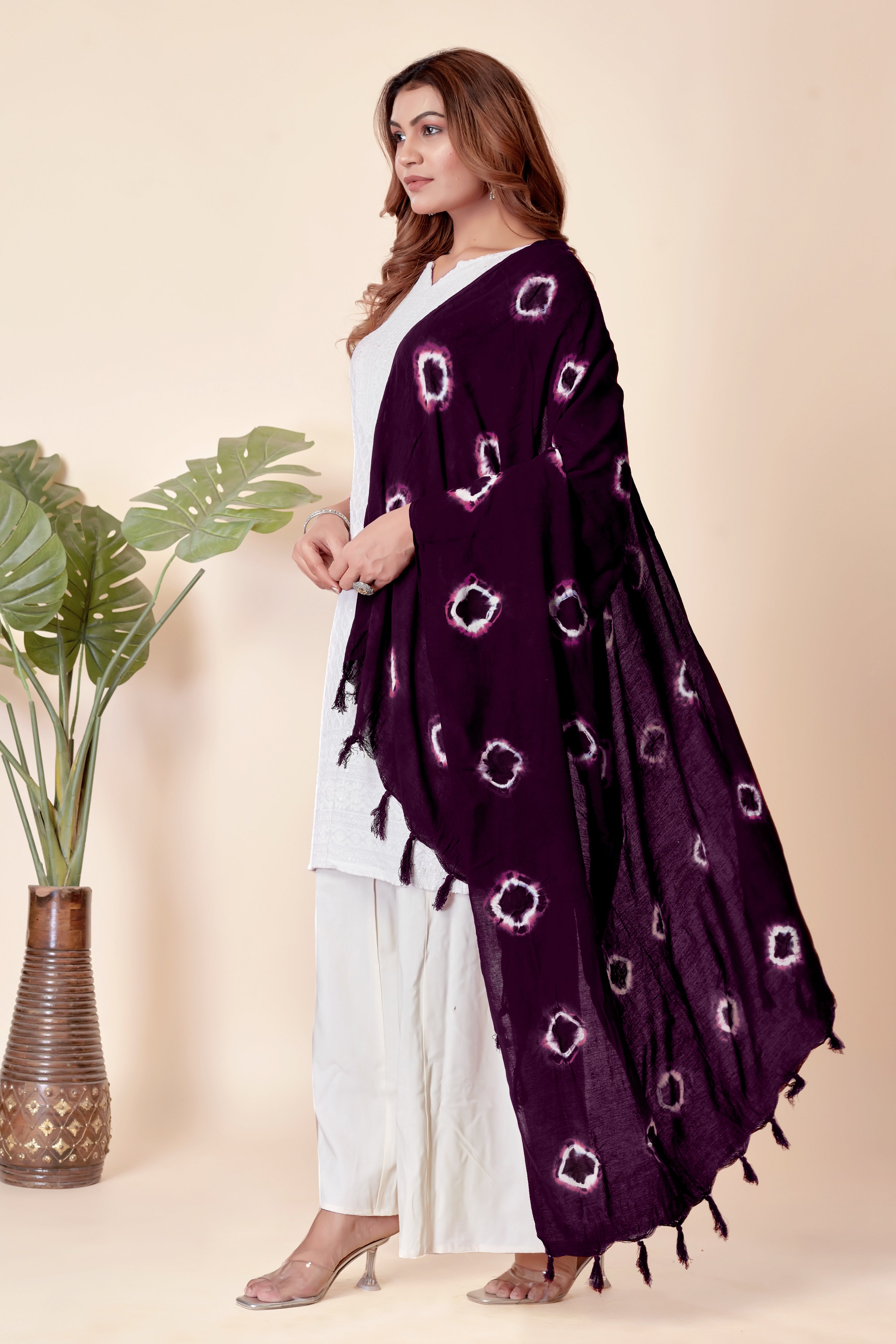 Plum Purple Bandhani Cotton Dupatta with Pink Hints
