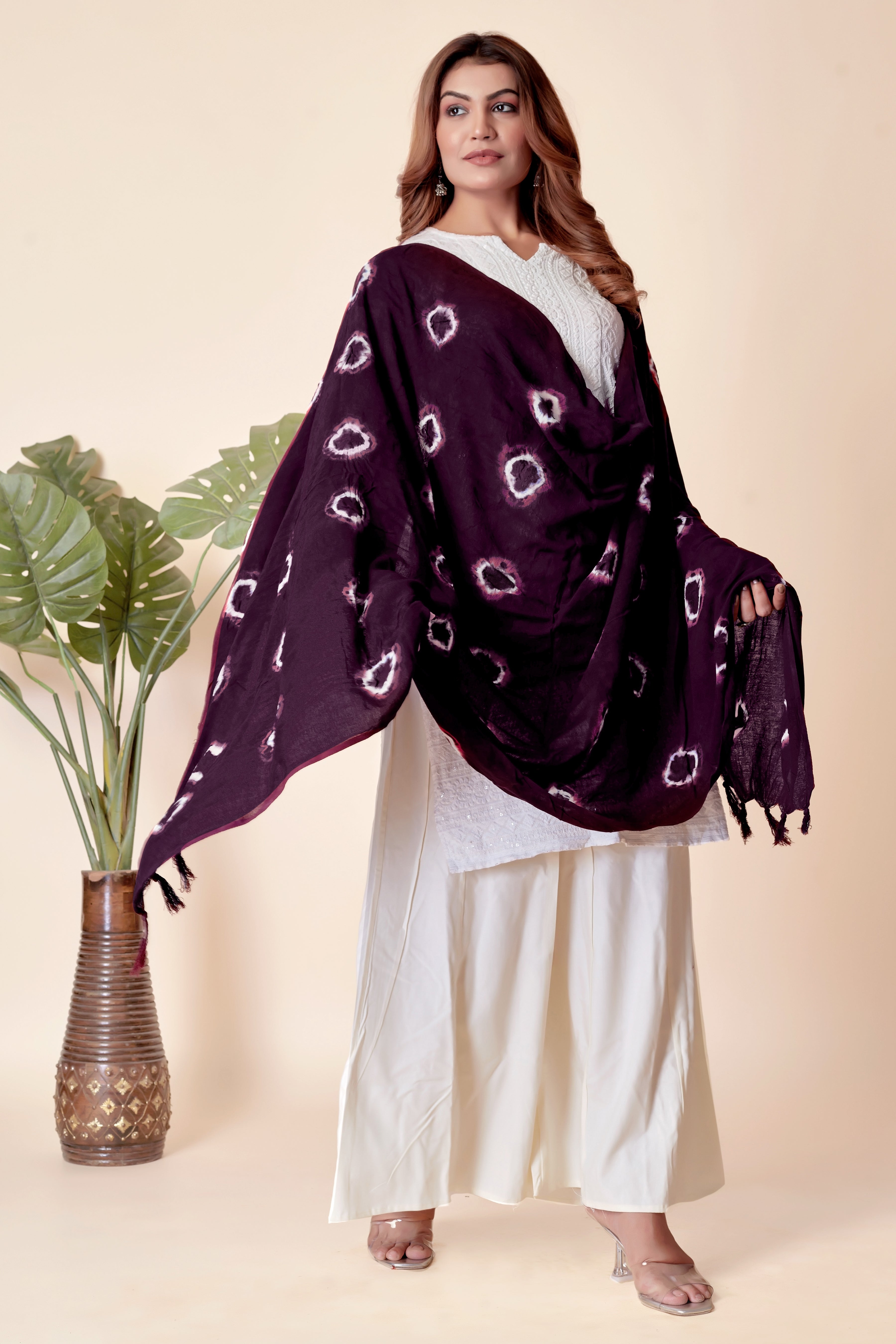 Plum Purple Bandhani Cotton Dupatta with Pink Hints