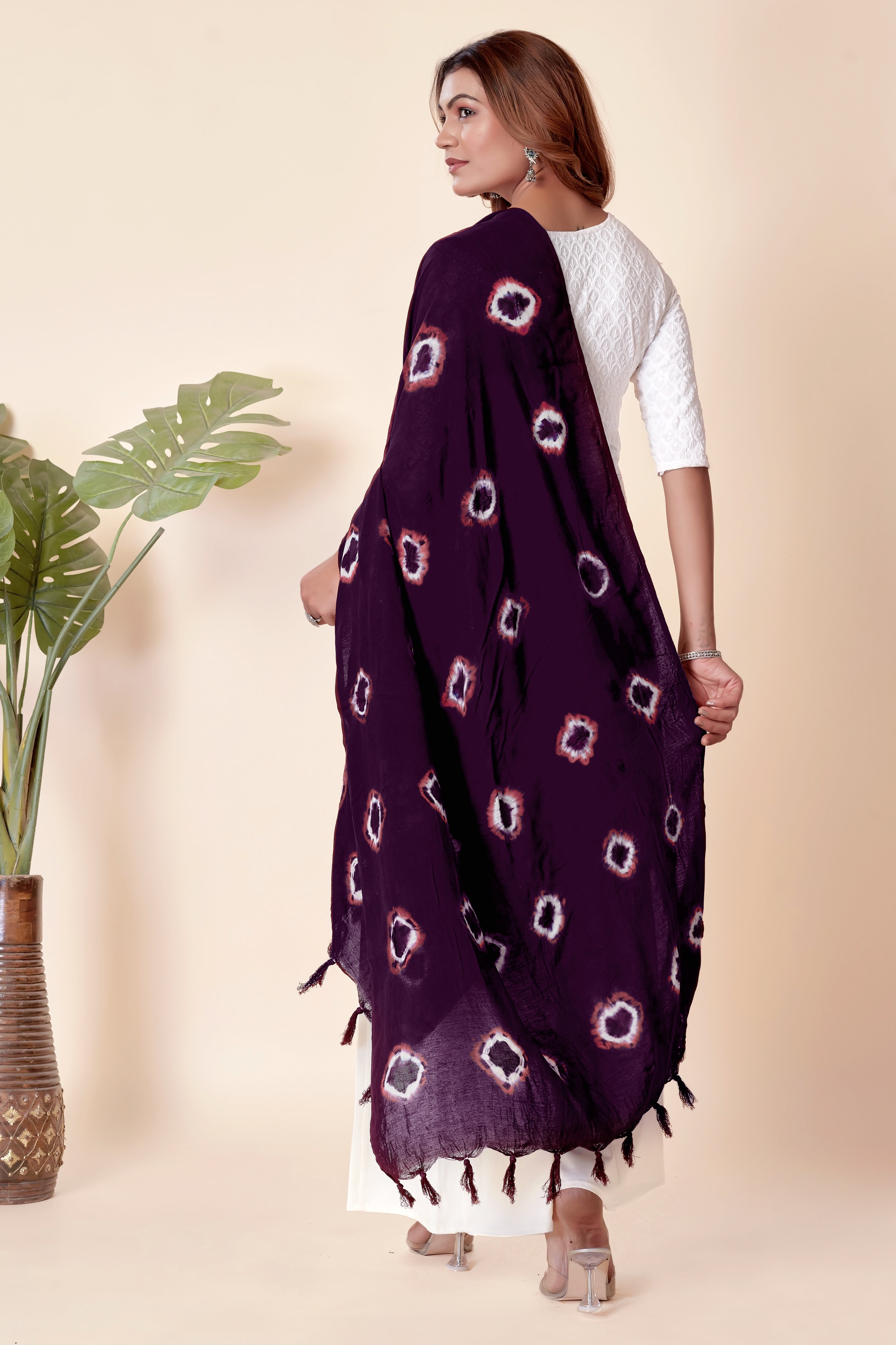 Plum Purple Bandhani Cotton Dupatta with Pink Hints