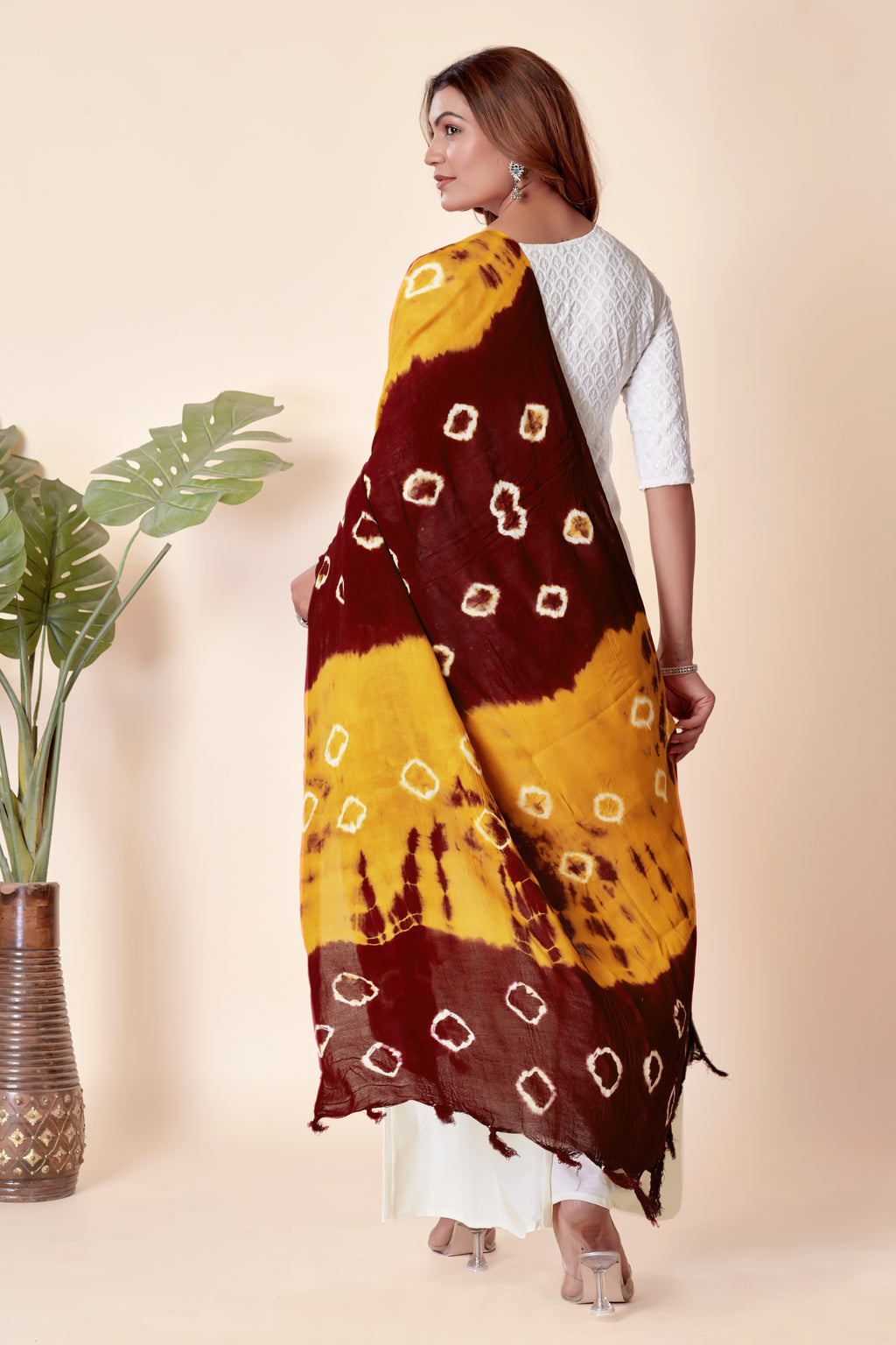 Maroon & Mustard Dual-Shade Bandhani Dupatta in Cotton