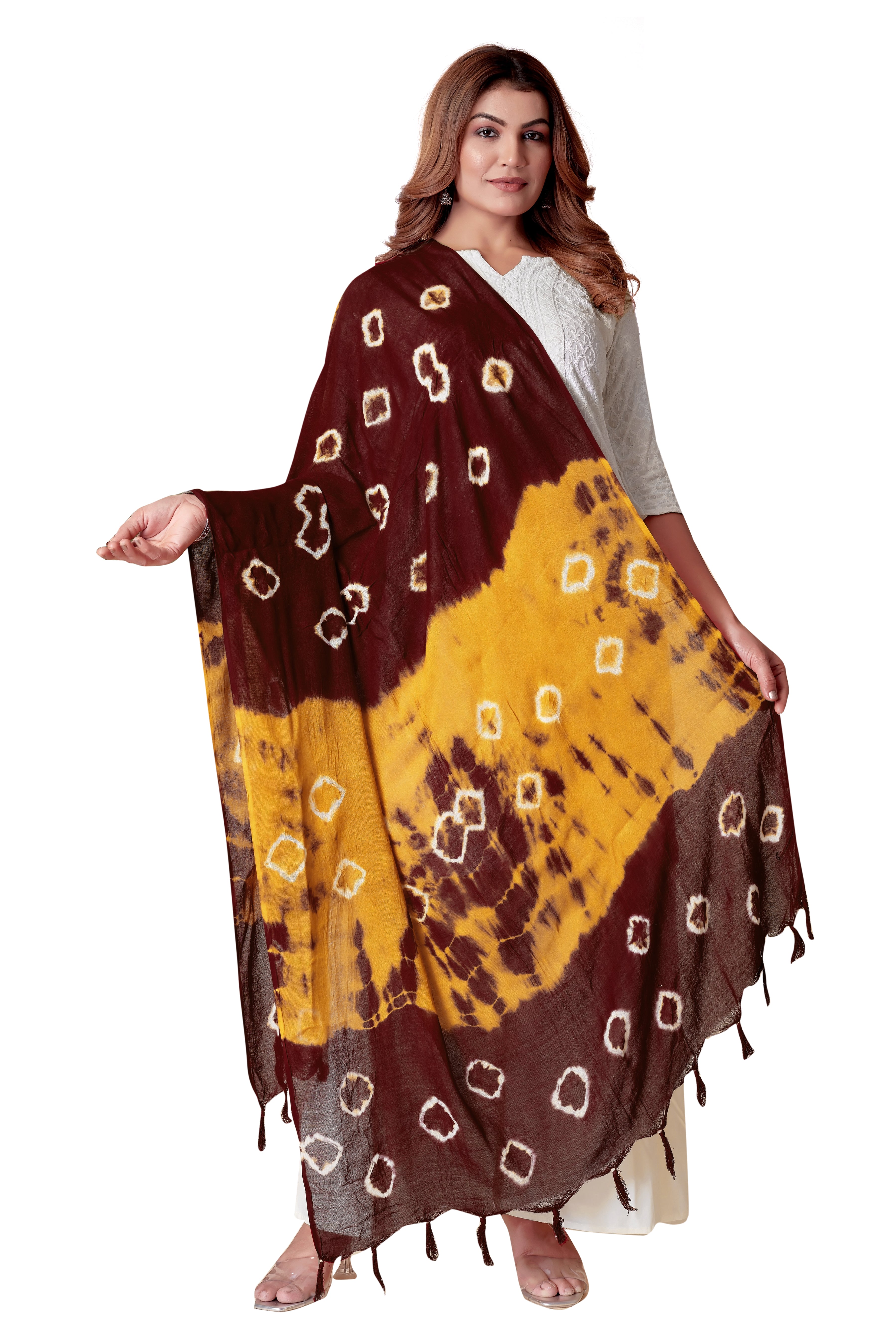 Maroon & Mustard Dual-Shade Bandhani Dupatta in Cotton