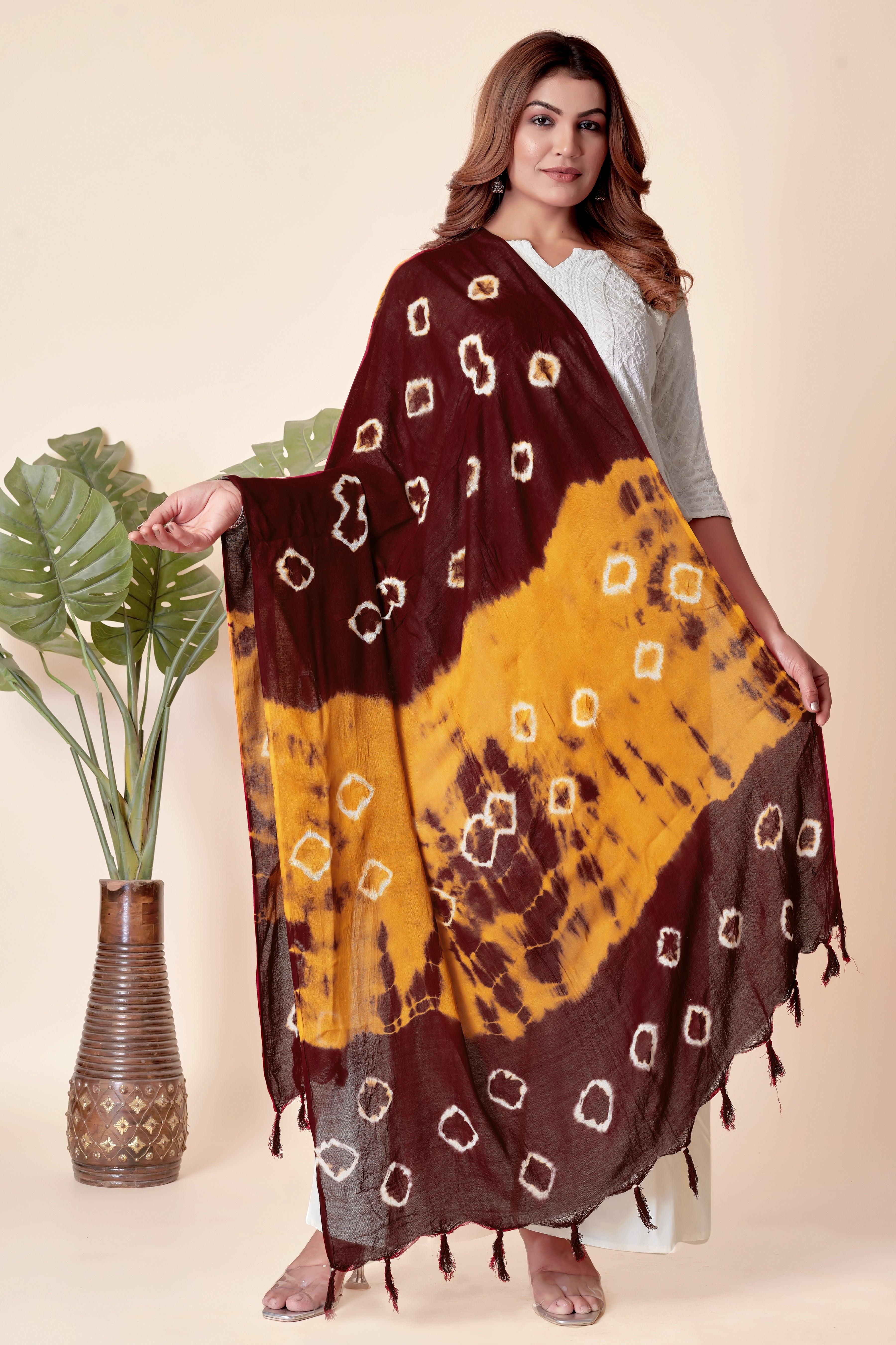 Maroon & Mustard Dual-Shade Bandhani Dupatta in Cotton