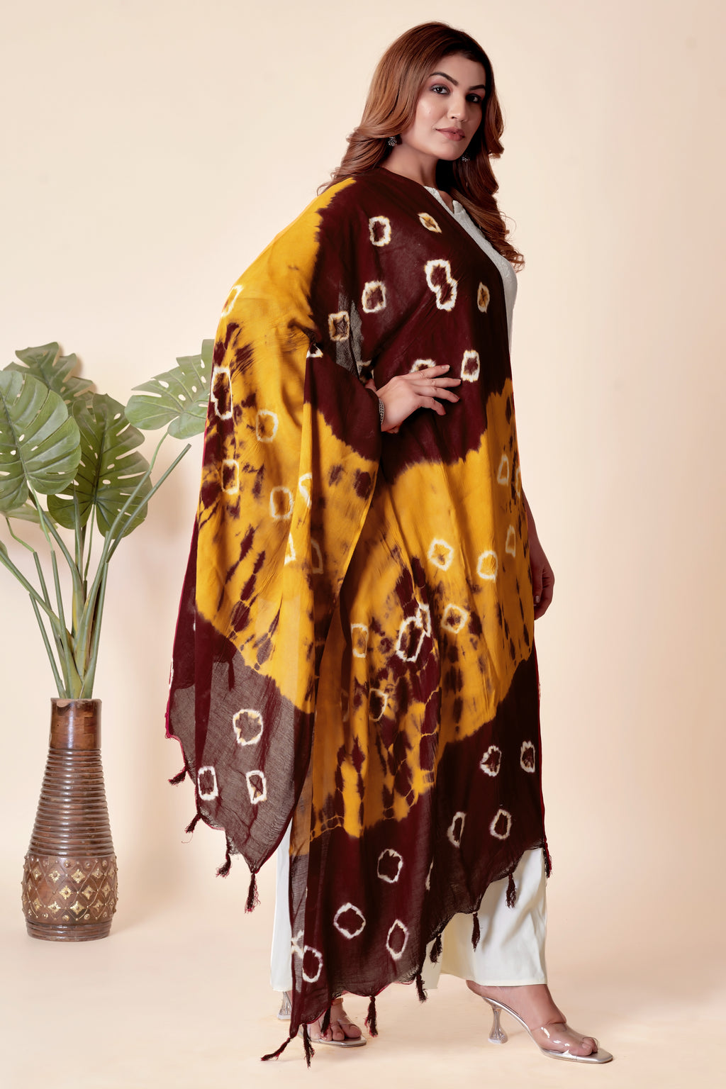 Maroon & Mustard Dual-Shade Bandhani Dupatta in Cotton