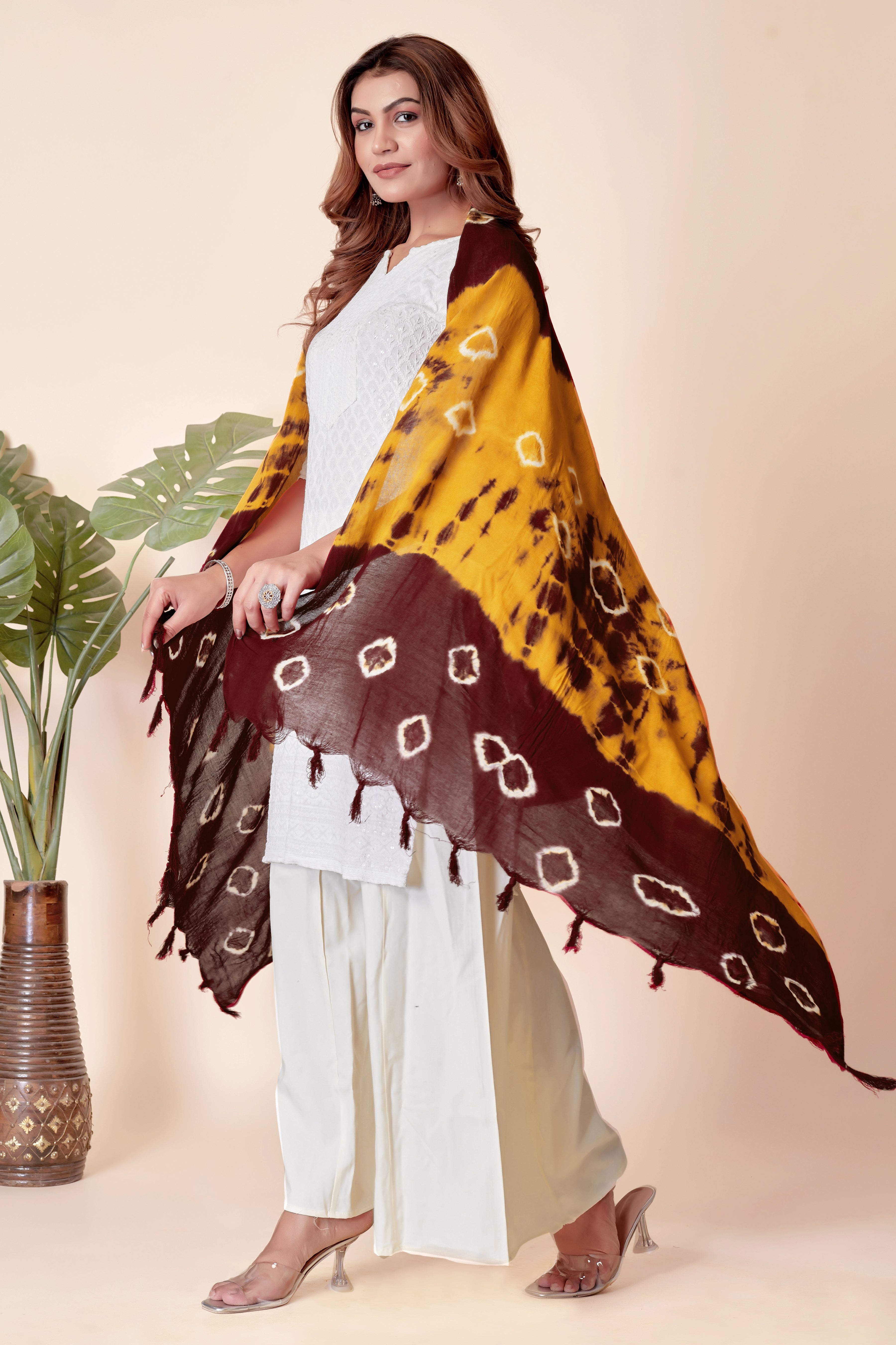 Maroon & Mustard Dual-Shade Bandhani Dupatta in Cotton