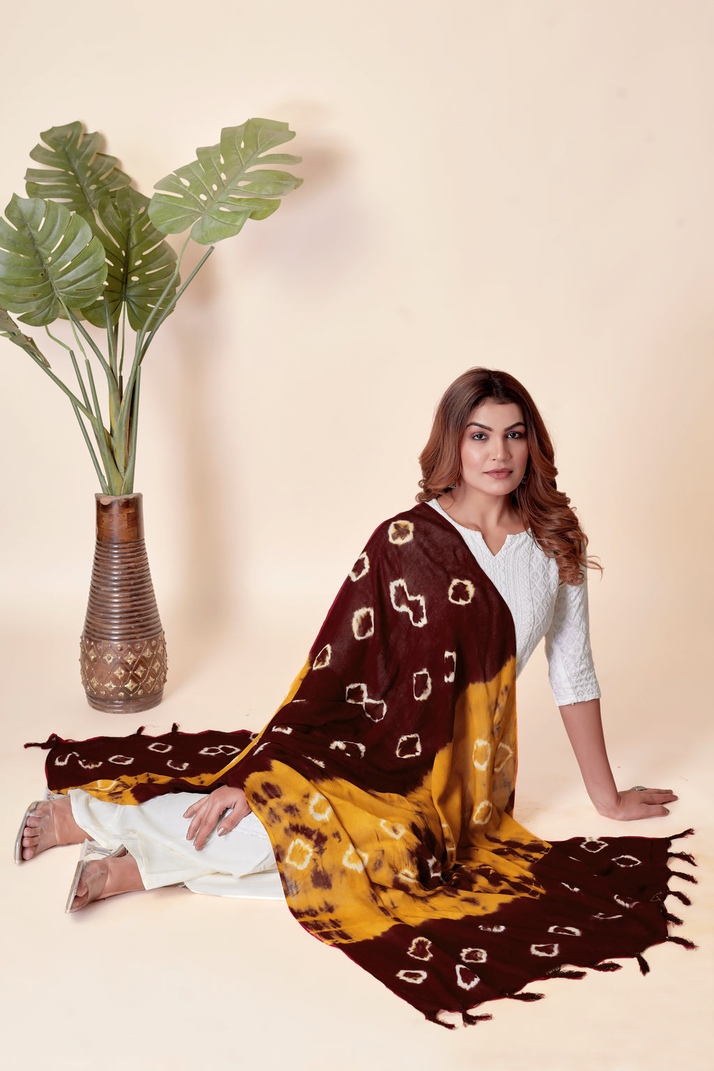 Maroon & Mustard Dual-Shade Bandhani Dupatta in Cotton