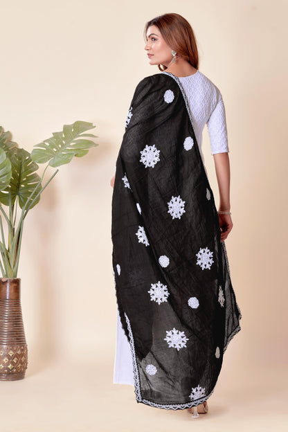 Black Cotton Embroidered Hijab/Dupatta | Elegant Floral Threadwork
