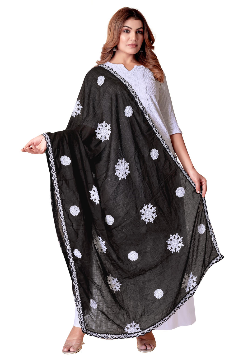 Black Cotton Embroidered Hijab/Dupatta | Elegant Floral Threadwork