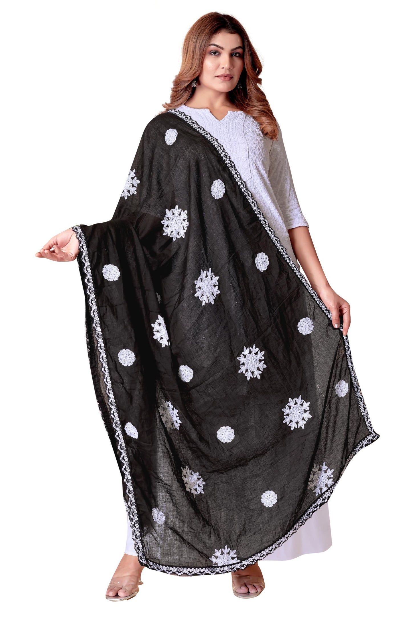 Black Cotton Embroidered Hijab/Dupatta | Elegant Floral Threadwork