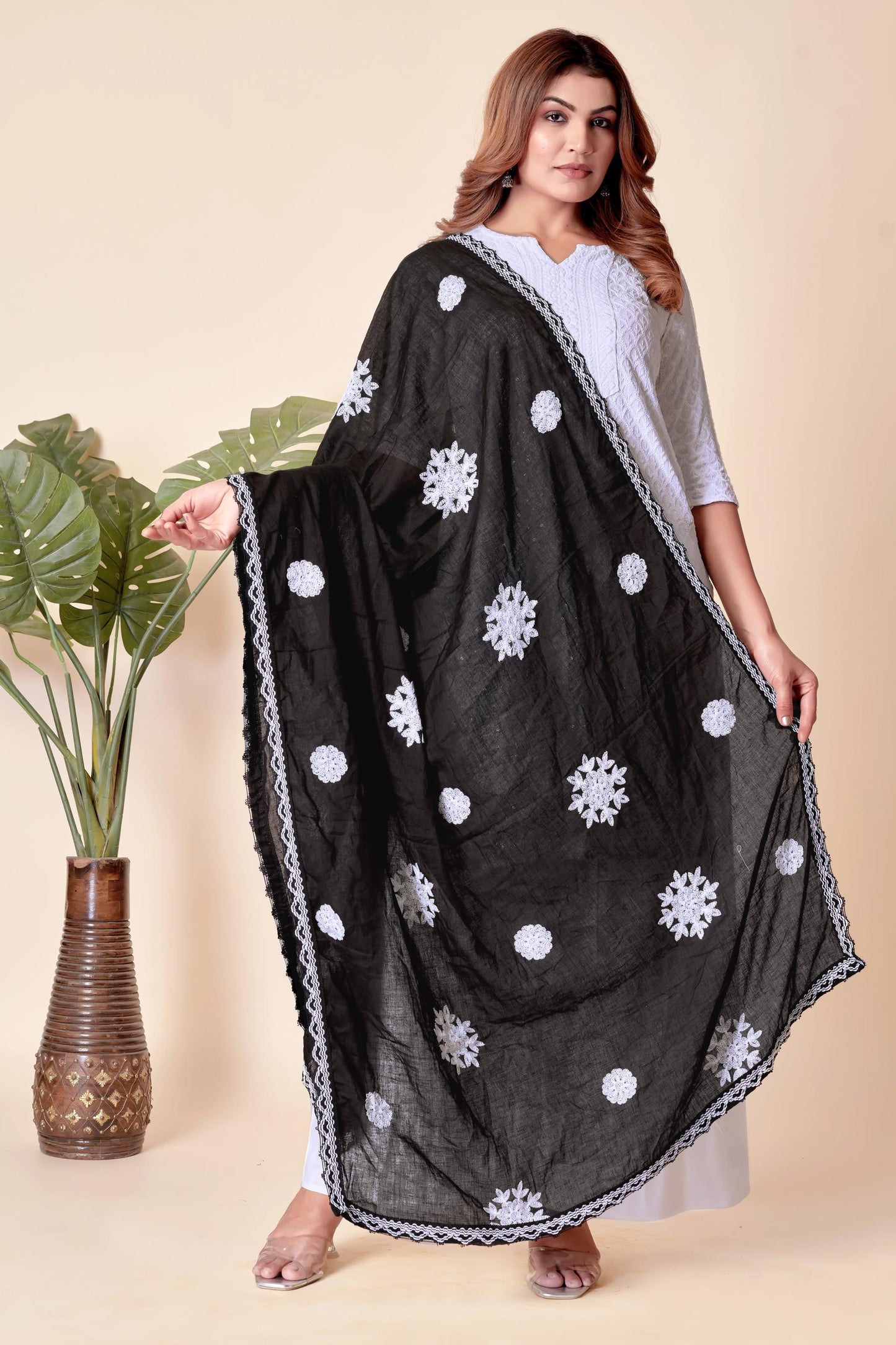 Black Cotton Embroidered Hijab/Dupatta | Elegant Floral Threadwork