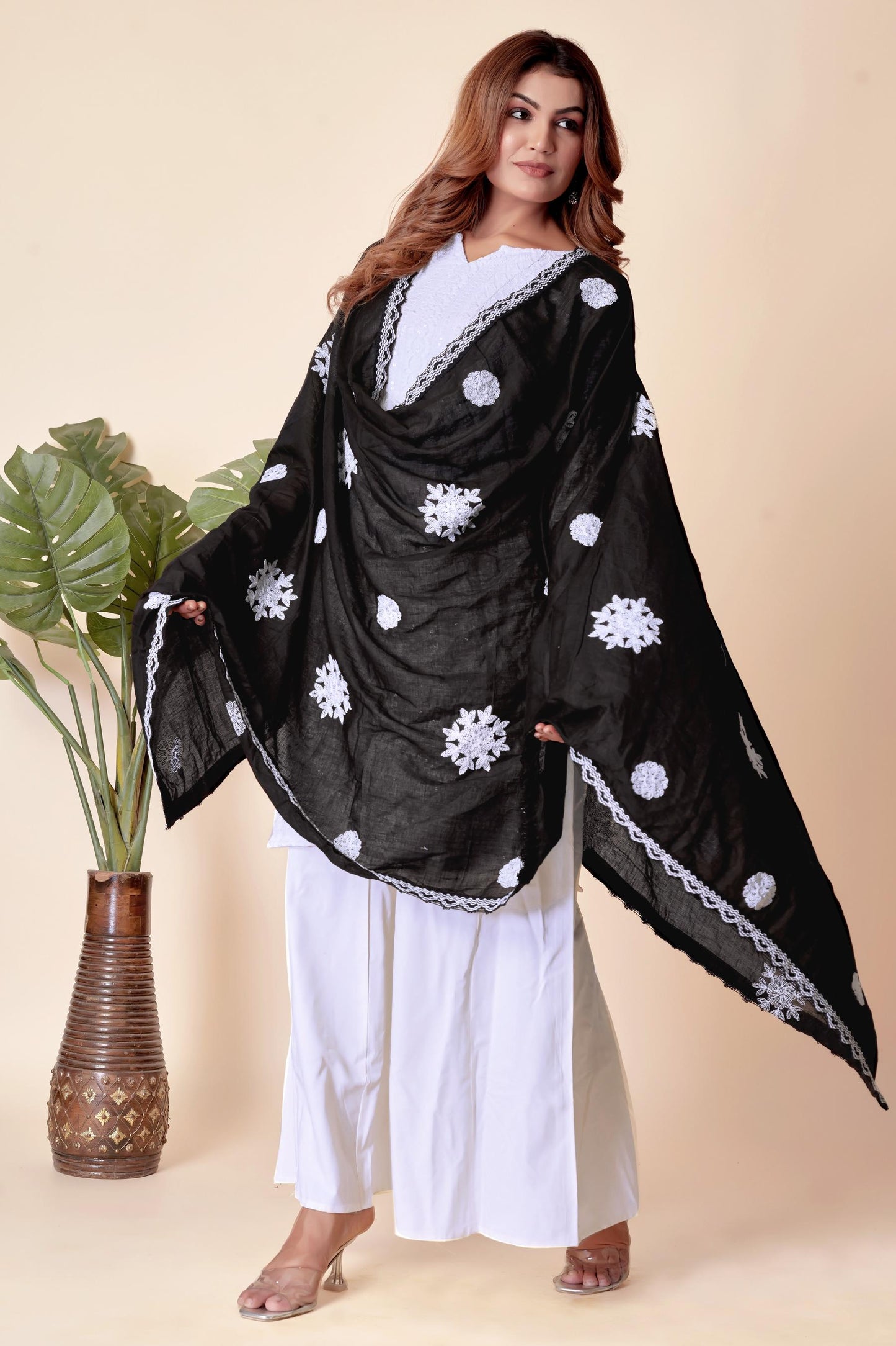 Black Cotton Embroidered Hijab/Dupatta | Elegant Floral Threadwork