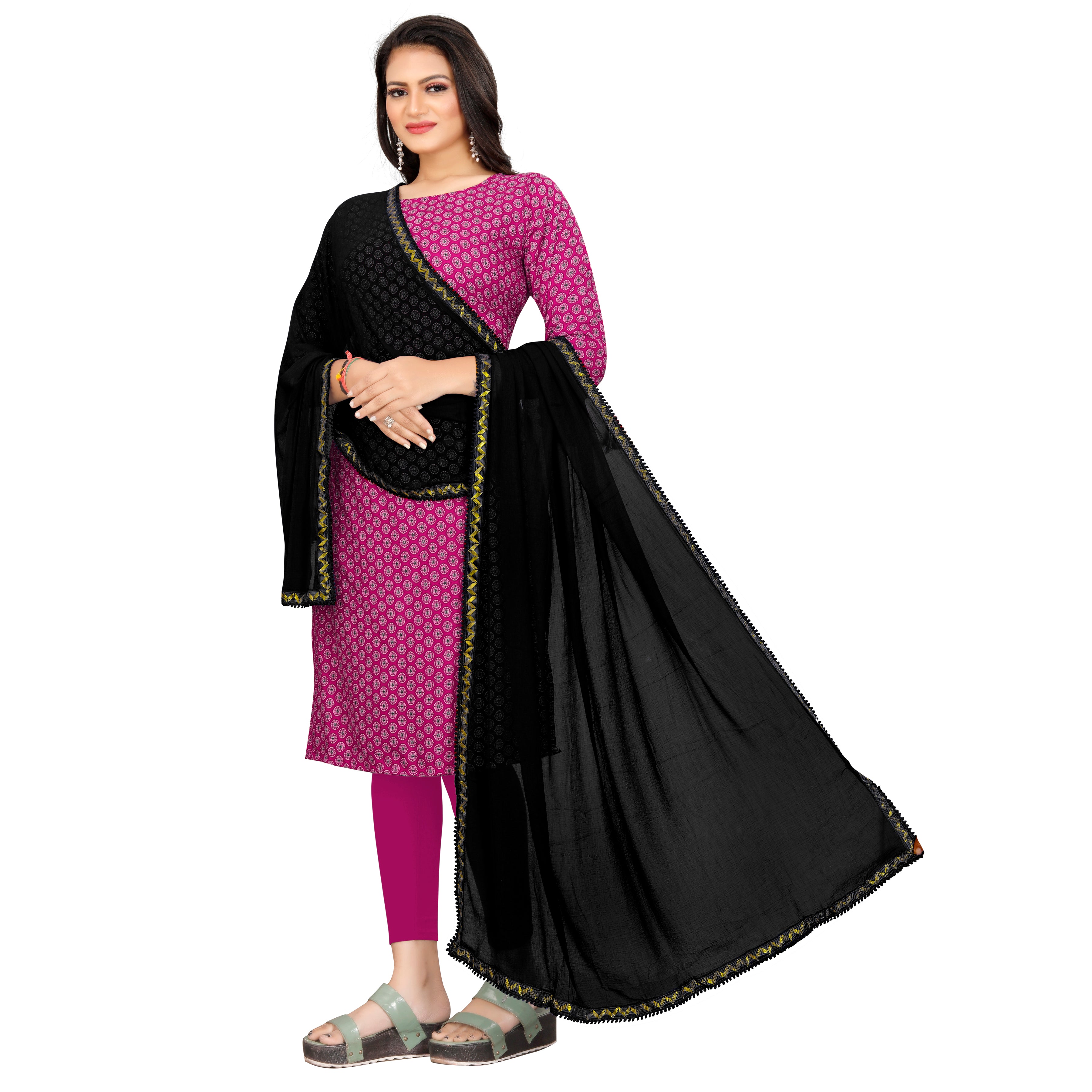 EBADAT Pure Chiffon Dupatta With Golden Border Lace  (Black)