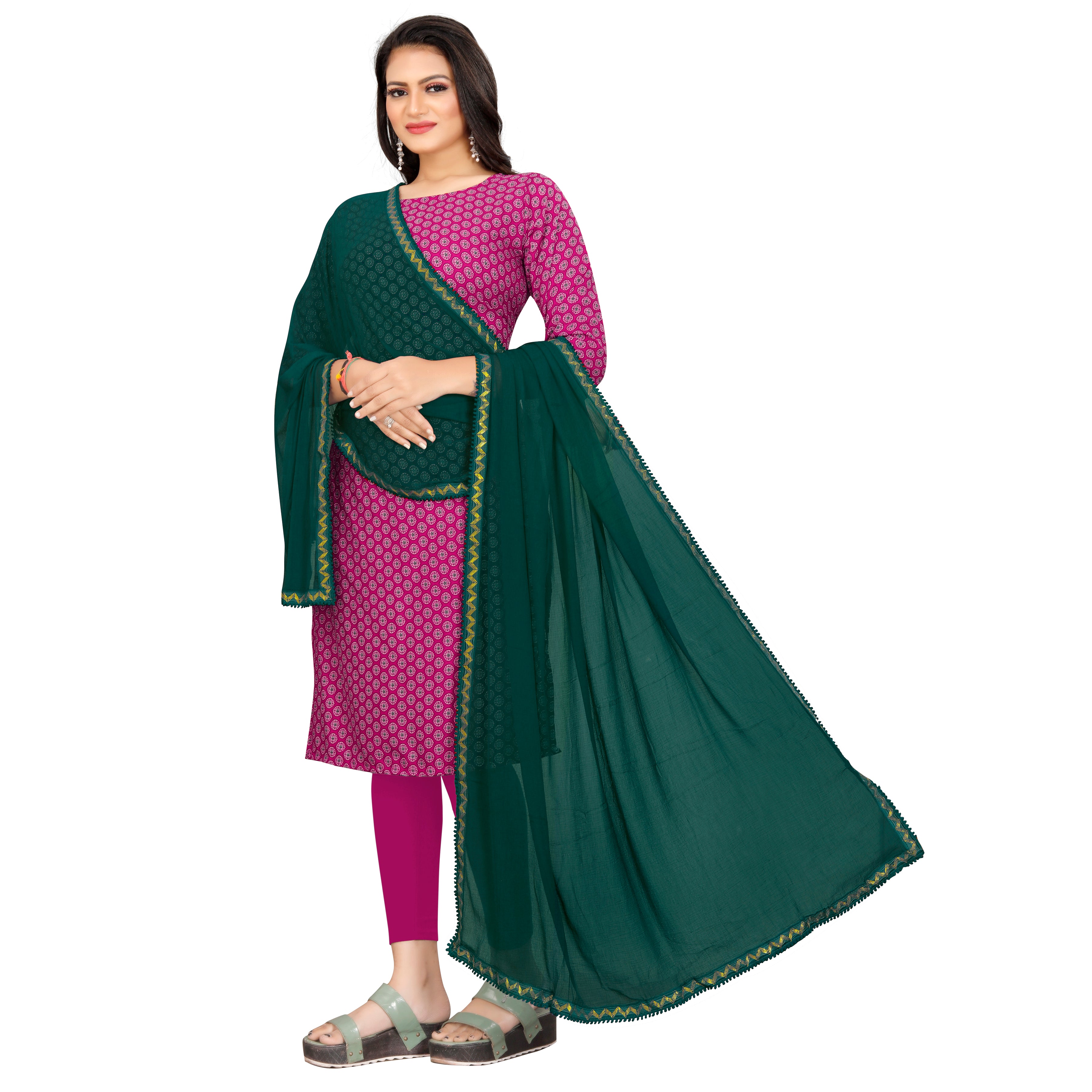 EBADAT Pure Chiffon Dupatta With Golden Border Lace for women (Green)