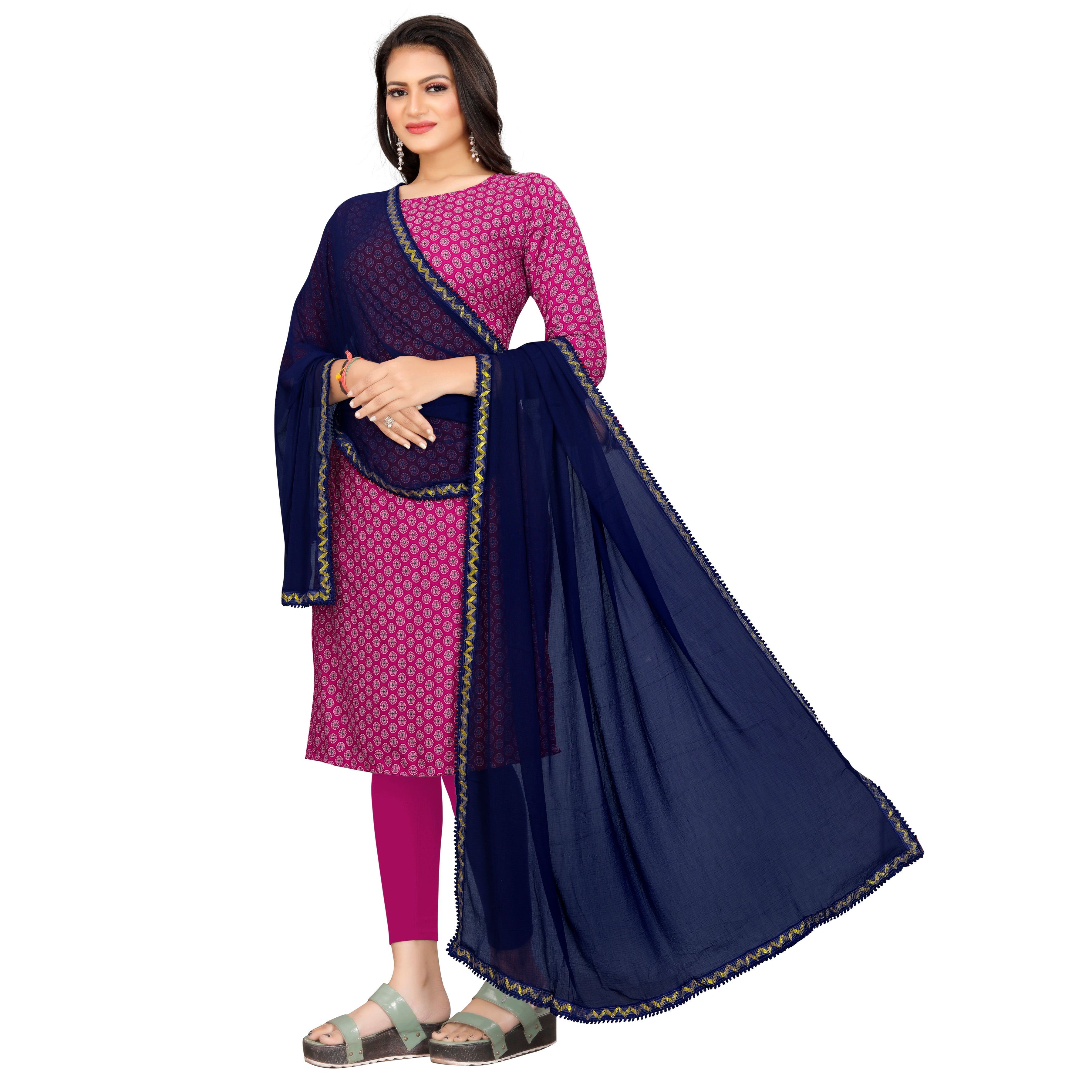 EBADAT Pure Chiffon Dupatta With Golden Border Lace (Blue)