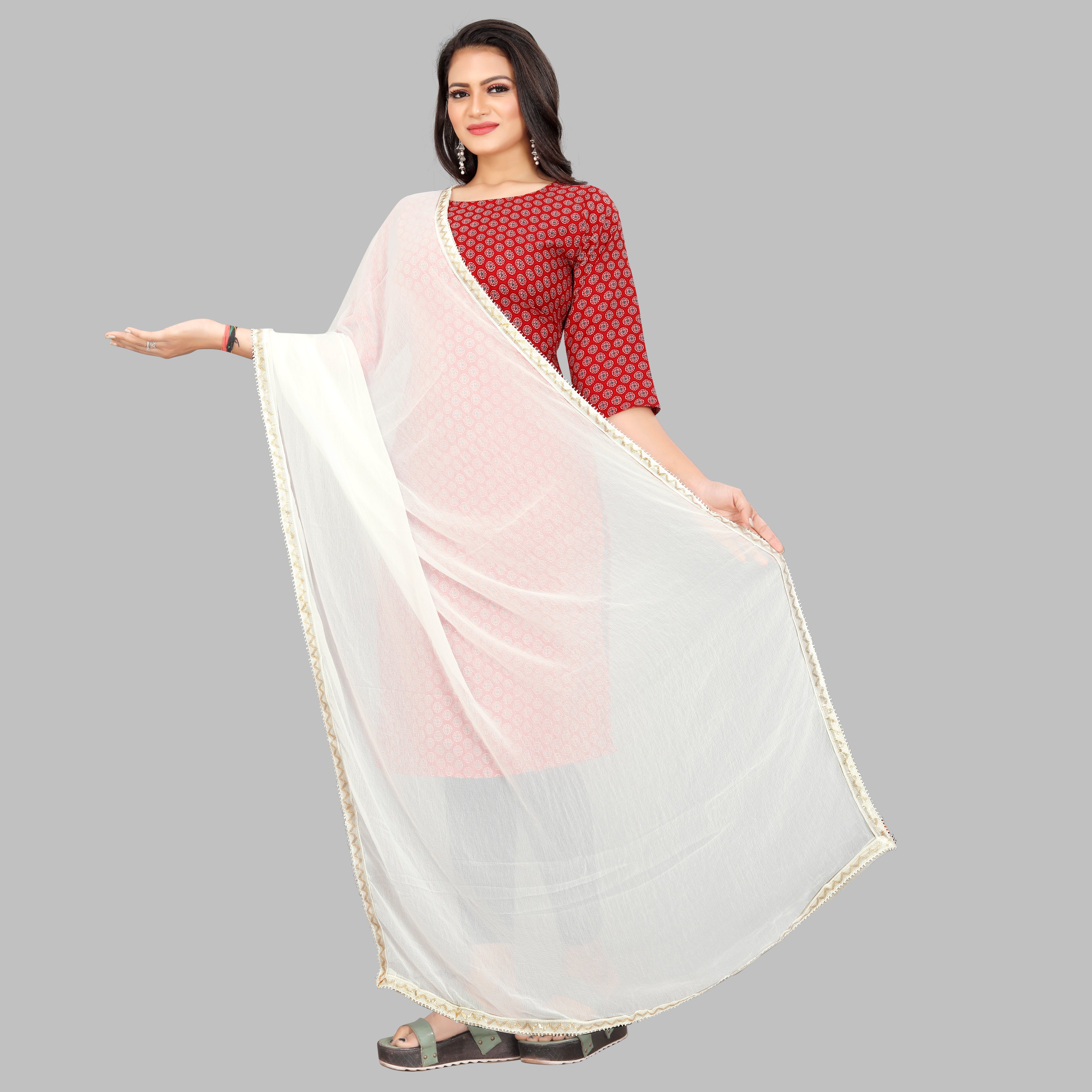 EBADAT Pure Chiffon Dupatta With Golden Border Lace (White)